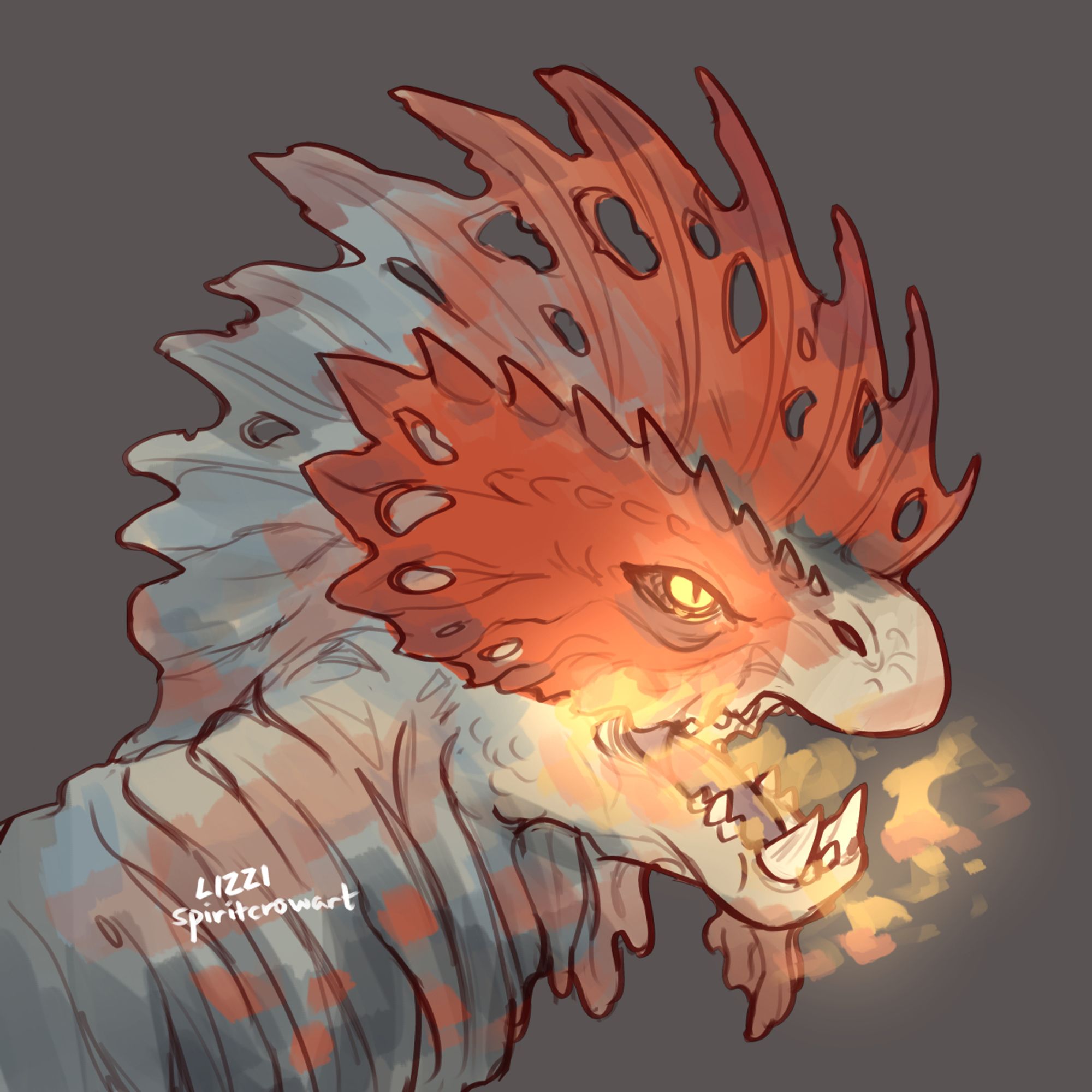 Colored sketch of a Quematrice from Monster Hunter Wilds. It is a dinosaur-like monster with features similar to a rooster. It has mostly pale skin with a red crest around its yellow glowing eyes, a red crest on top of its head, and very wrinkly skin on its neck that resembles a wattle. It has its mouth open and is breathing hot glowing fire.