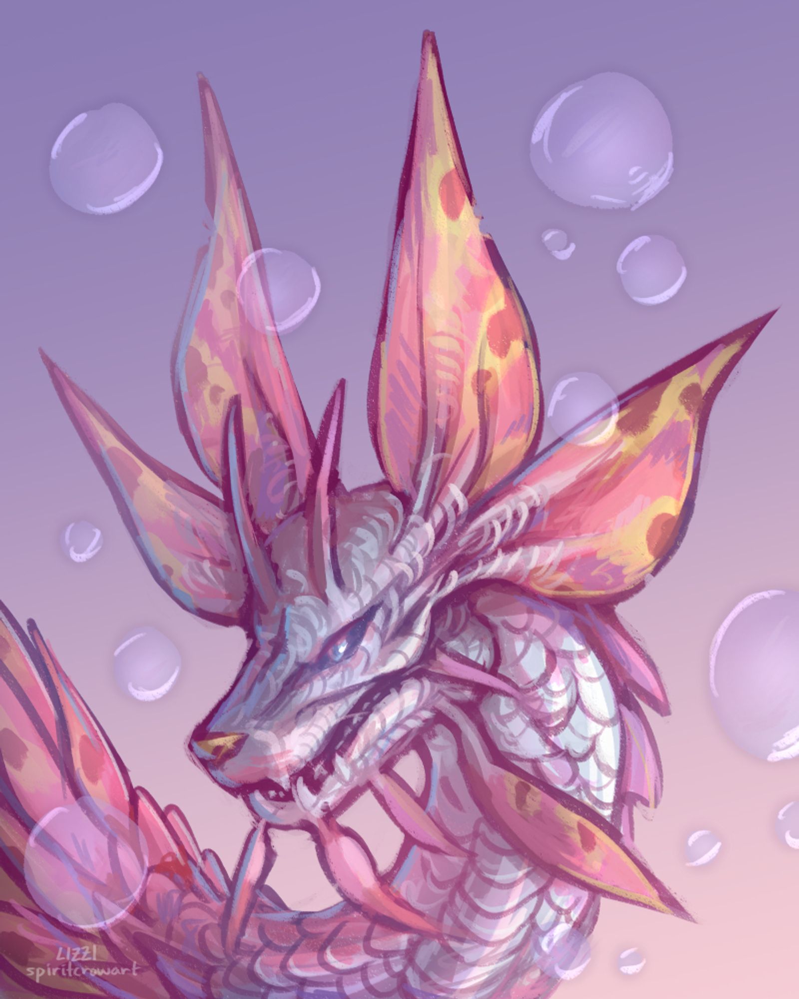 Portrait of Mizutsune from Monster Hunter. It is a fox-like dragon with white scales, large pink pins on its head and back, yellow markings, and blue eyes. It is in a sunset sky and surrounded by bubbles