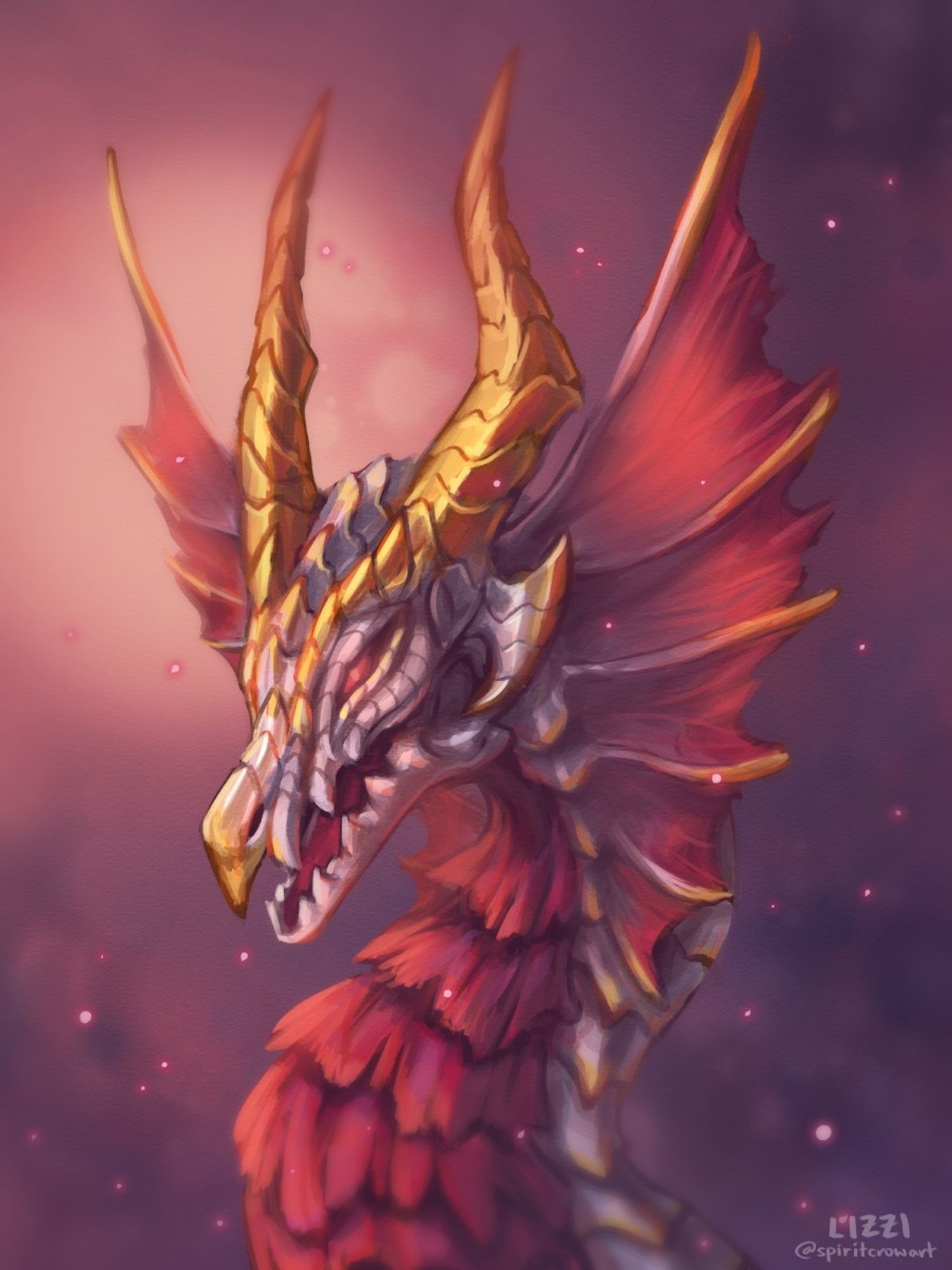 Portrait of Malzeno from the game Monster Hunter. It is a vampiric dragon with white scales that are accented in gold. It has large gold horns and large red fins on its head. Its neck is coated in a red membranous substance that are actually bat-like creatures it has symbiosis with. It is set in a sunset-colored background and surrounded by red wisps.