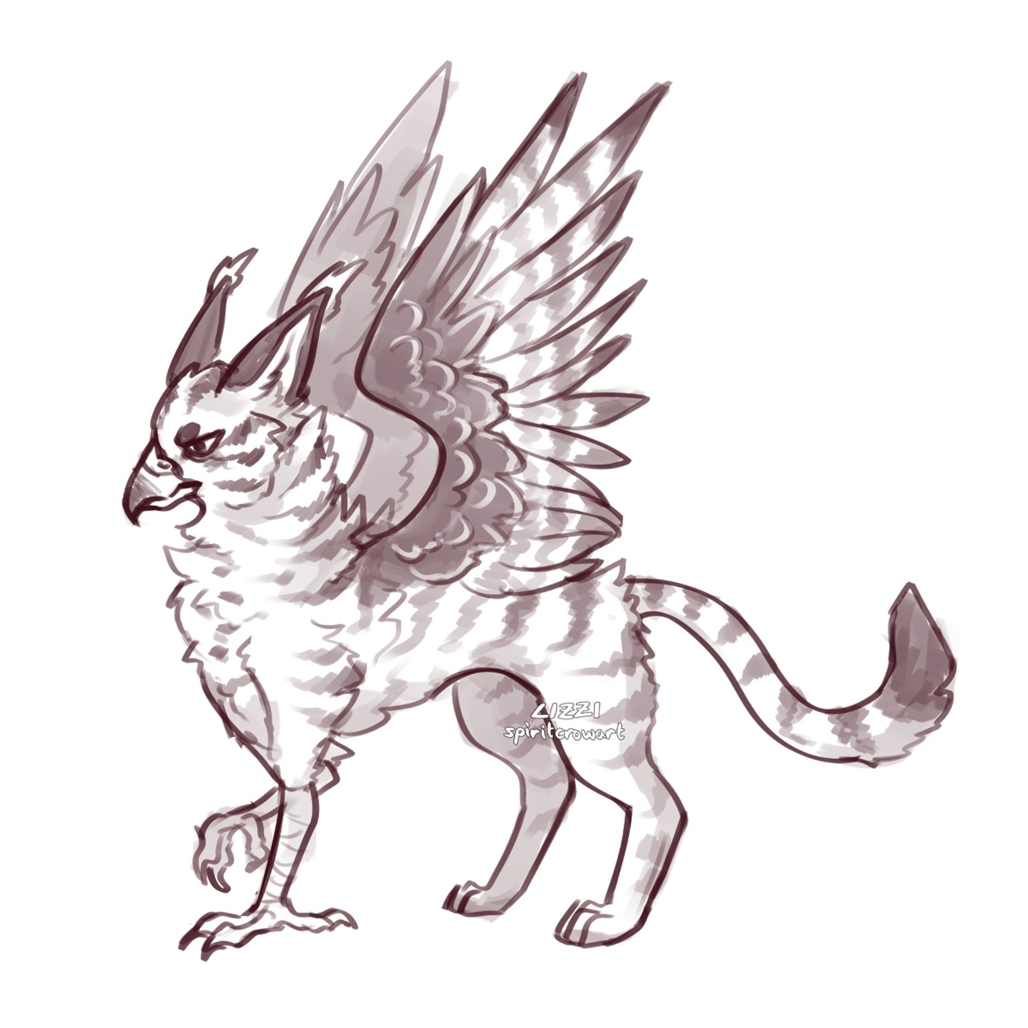 Sketch of my gryphon. He has mostly white fur with dark stripes, dark ears, and dark patches on his wings and tail.