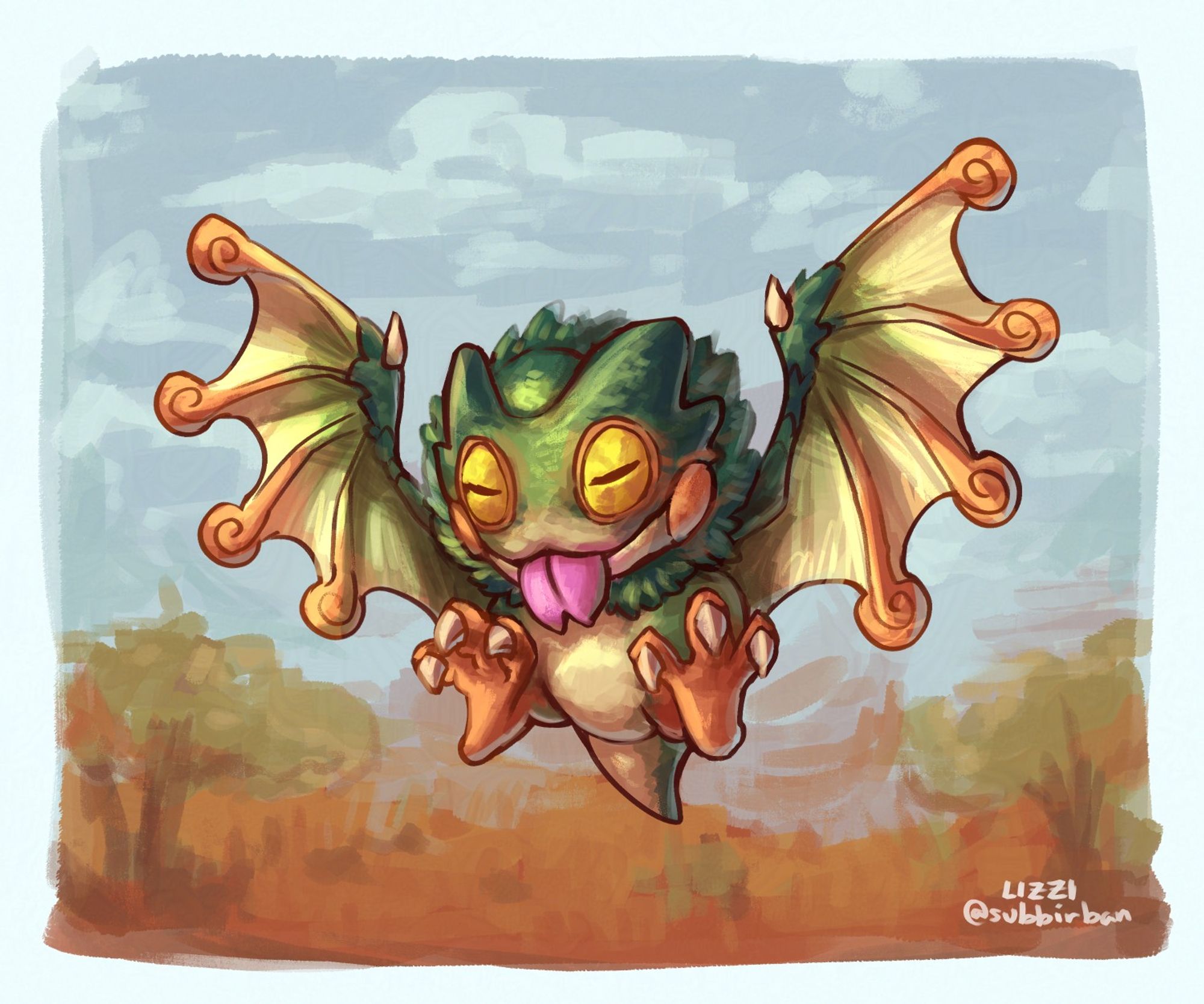 A baby Pukei-Pukei, a lizard-like wyvern from Monster Hunter, flies over a grasslands background.