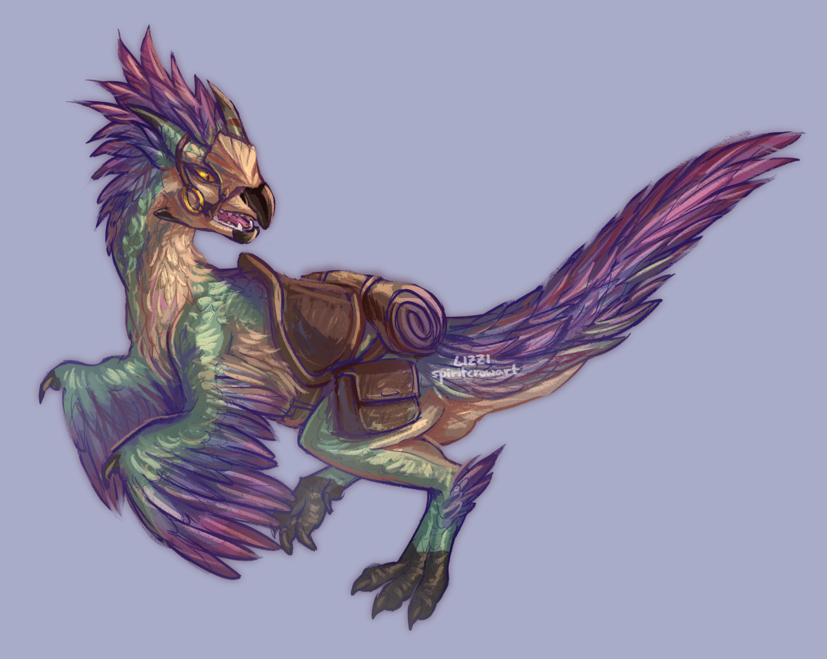 A digital painting of Seikret from Monster Hunter. It is a velociraptor-like creature that has green scales and blue/purple feathers on its head, wings, and tail. It has a beige face with beige underbelly feathers. It has a saddle and is carrying gear.