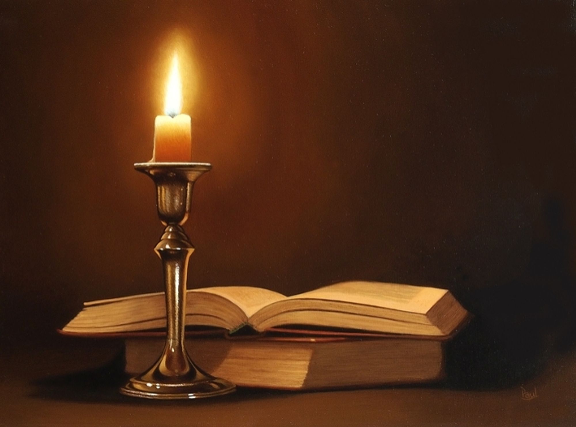 Painting of a burning candle and open book.