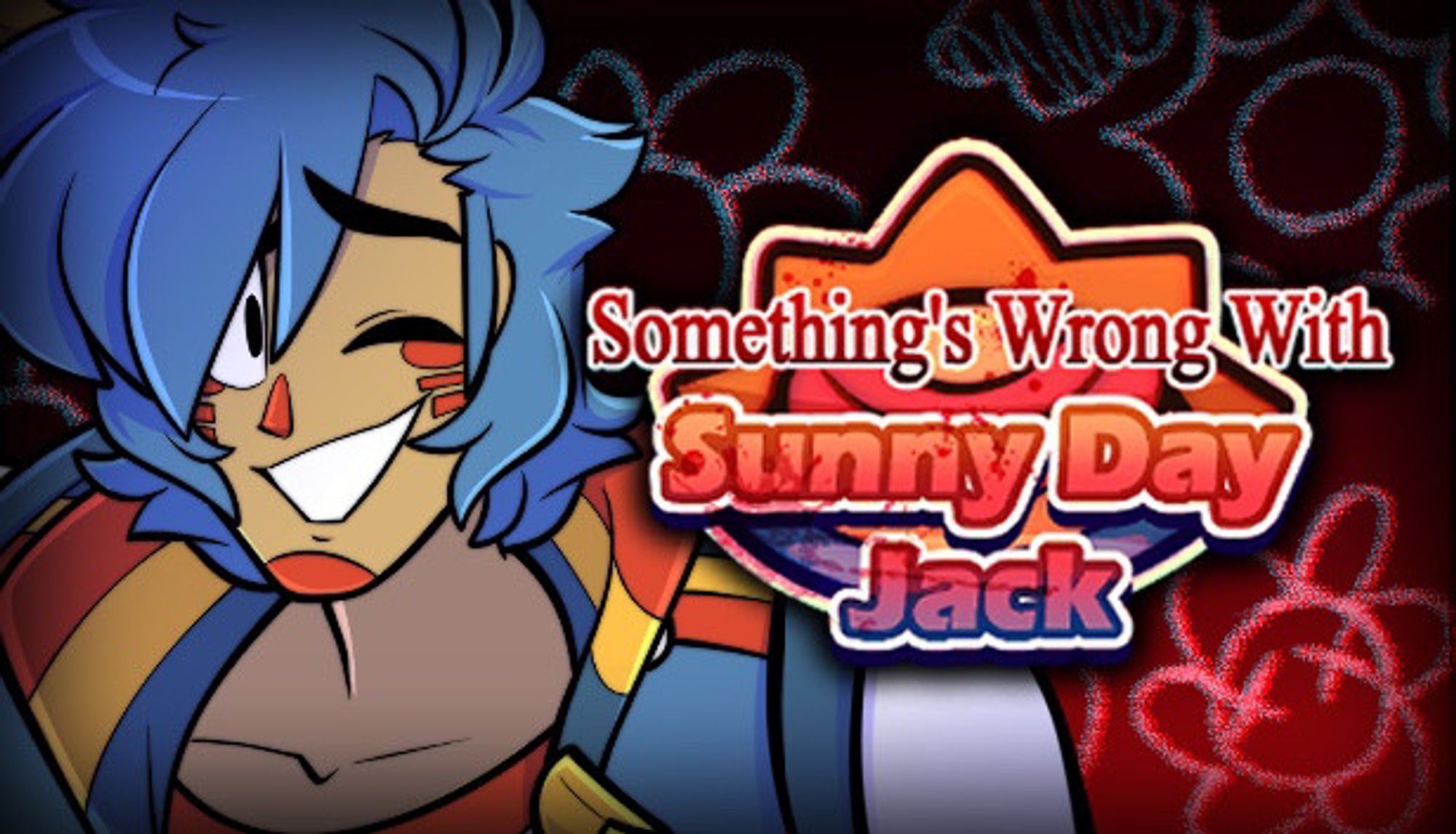 Image of the Visual Novel "What's Worng With Sunny Day Jack" that depicts SunnyDayJack similing to the camara and with the logo of the game rigth next to it's face in a red background.