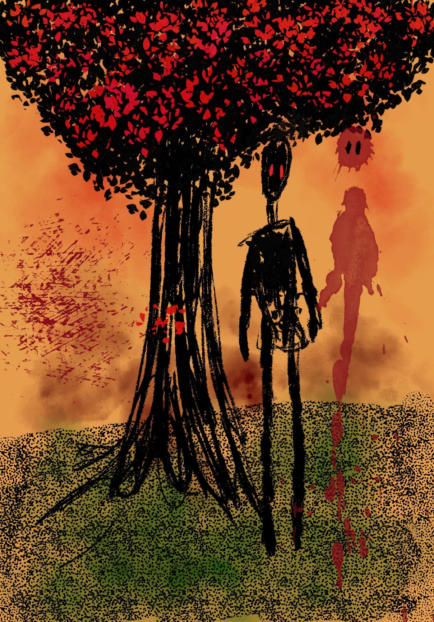 A digital painting of a black tree against a tan background with red leaves, a black charcoal stick figure with red eyes next to something that looks like a blood splatter, with two black dots added to look like eyes