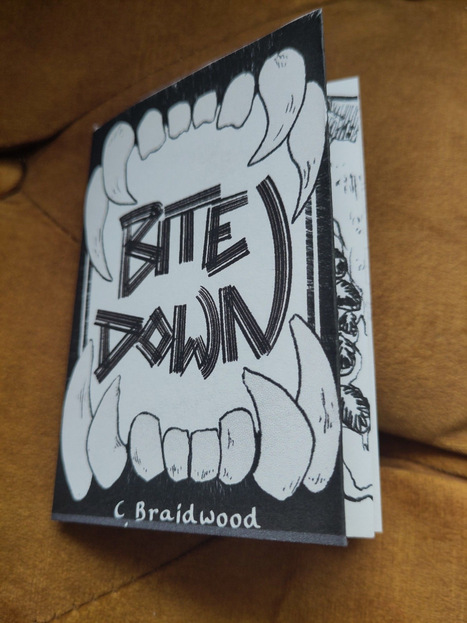 A mini zine with the title Bite Down surrounded by a pair of canine teeth