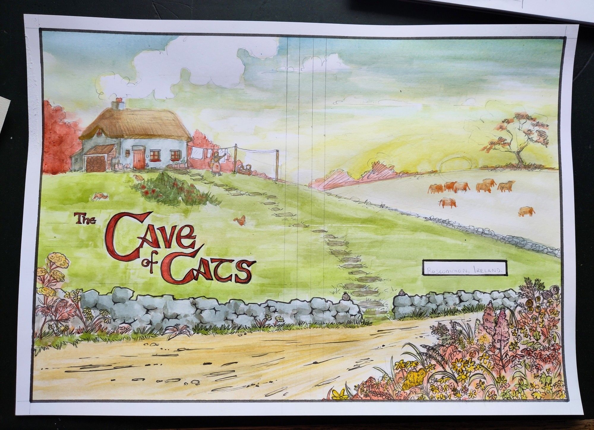 A scene showing a cottage and fields in the background with a dirt road and flowers in the foreground. The page has a title reading 'the cave of cats' in red.