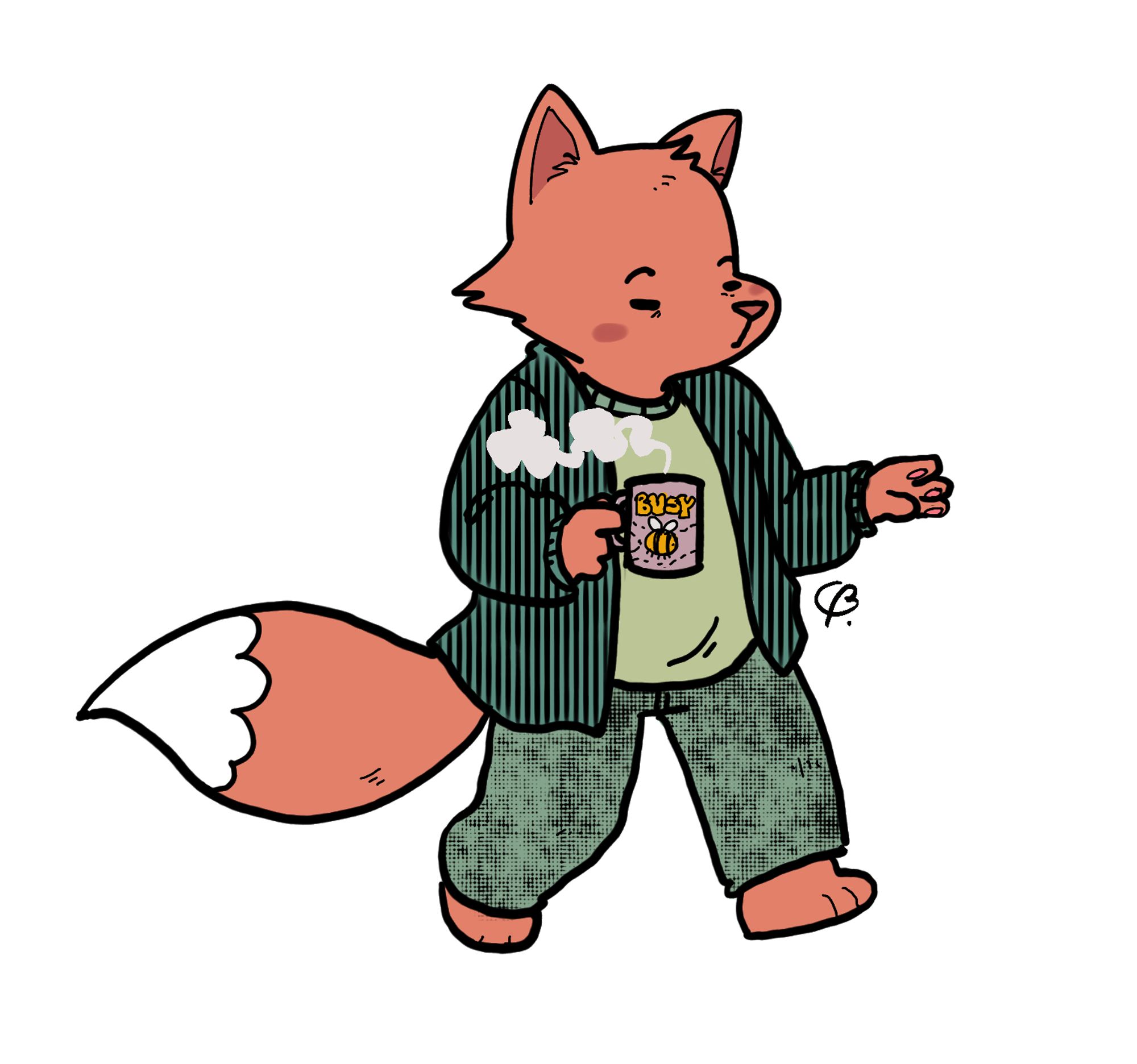 A simple illustration of Fox wearing comfy clothes carrying a mug with a busy bee on it.