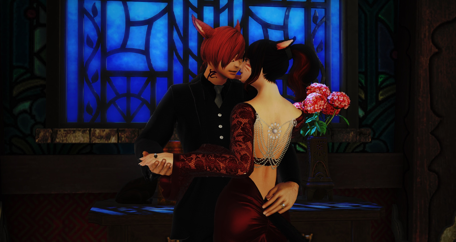 A Miqo’te couple are dancing. The mood is sensual, and their faces are very close together.