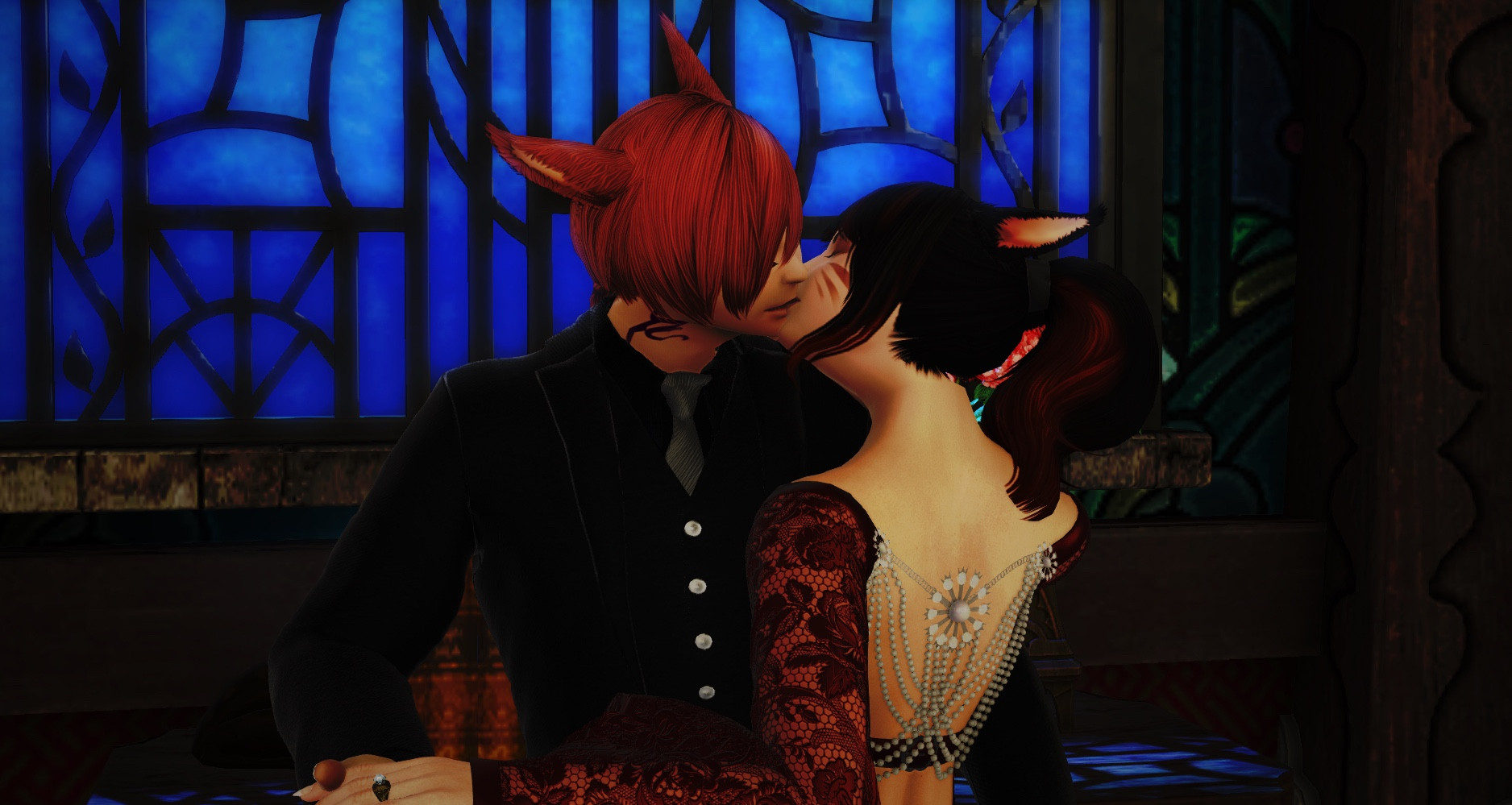 K’yalwenn and G’raha (female and male Miqo’te) are still in dancing position but now they are kissing as they dance.