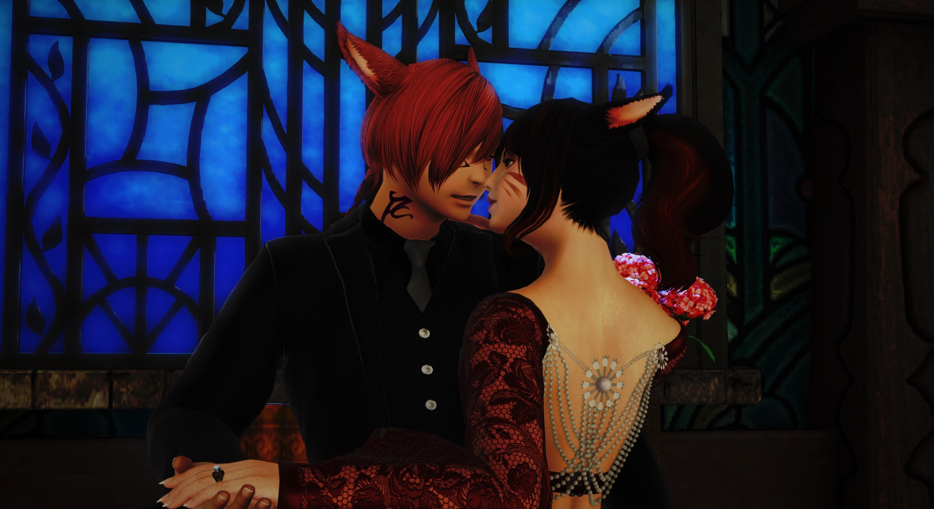 The Miqo’te couple are dancing closely. Their faces are very close together and they are staring intensely into each other’s eyes.