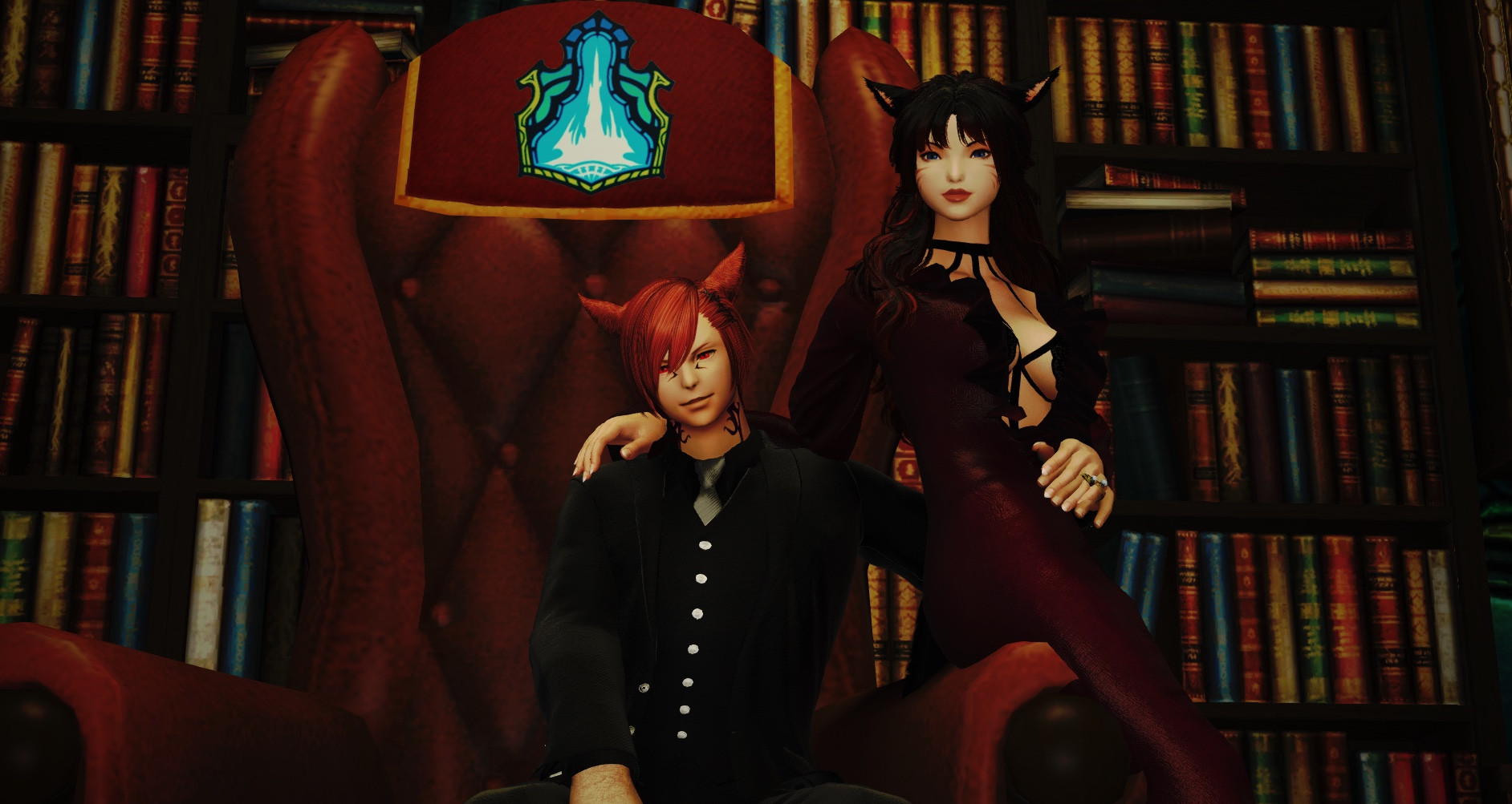 G’raha sitting in a grand chair looking like a mob boss. He has an arm around K’yalwenn who is sitting on the arm of the chair. Both are looking at the camera and smirking.