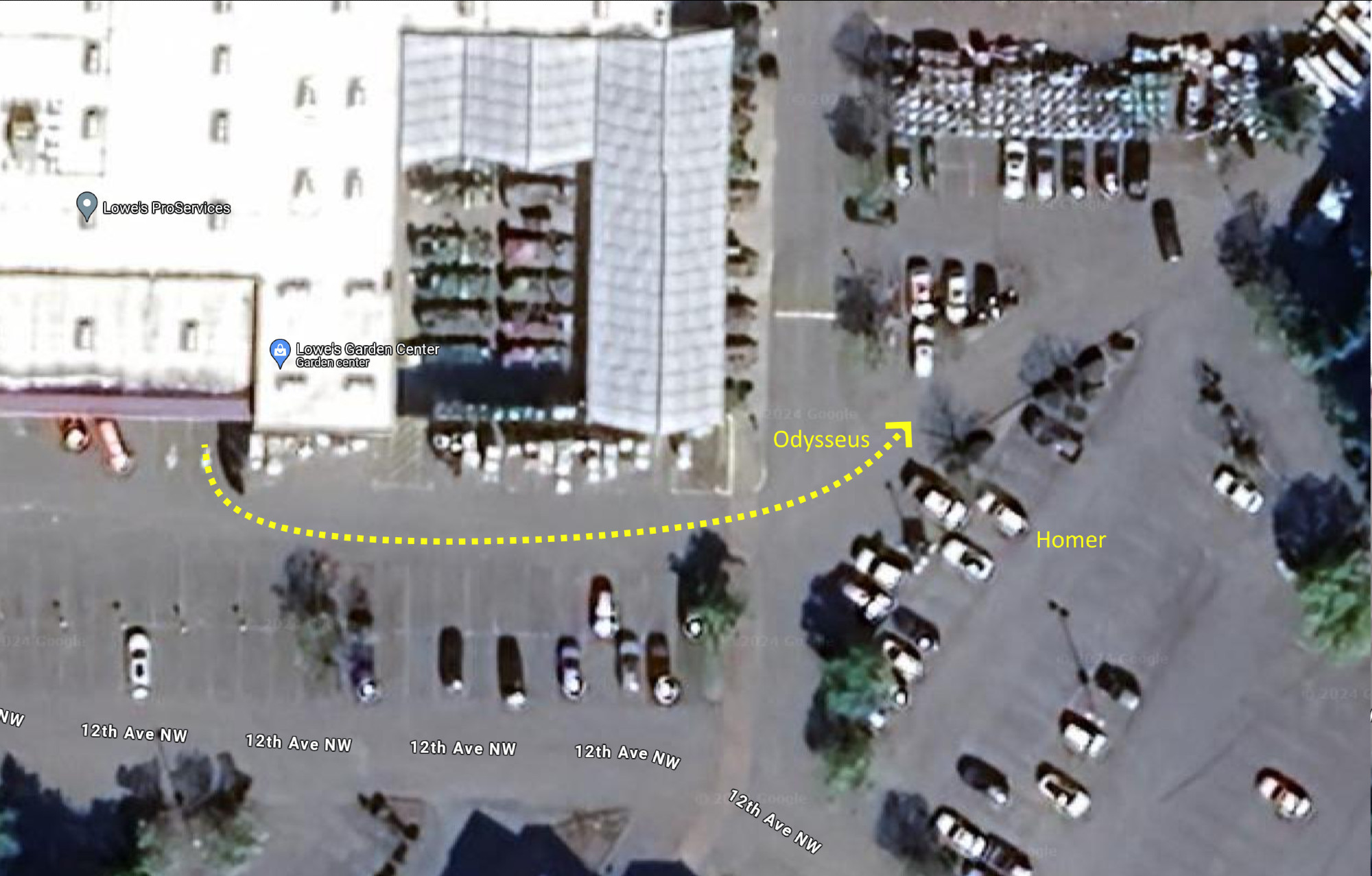 Google Map satellite view of the trek of the Cybertruck in the parking lot of Lowes, Issaquah WA, marked in yellow