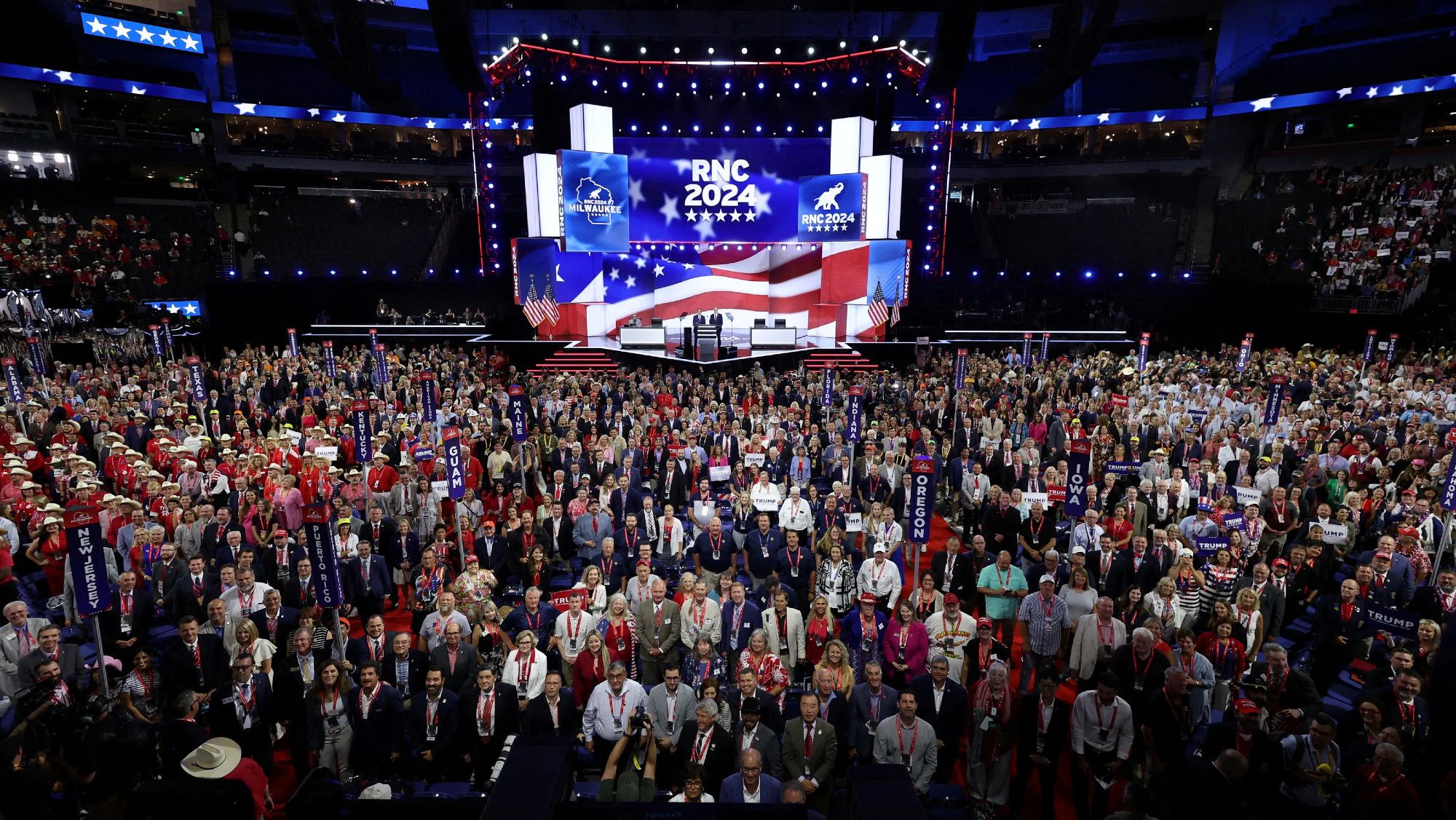 photo of maybe a thousand overwhelmingly white attendees at the 2024 RNC convention gathered on the conference center floor

photo credit: Palm Beach Post