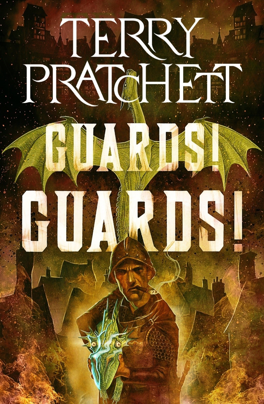 The Kindle cover of Guards! Guards! By Terry Pratchett. Picturing a medieval-esque guard with a dragon's head under his arm.