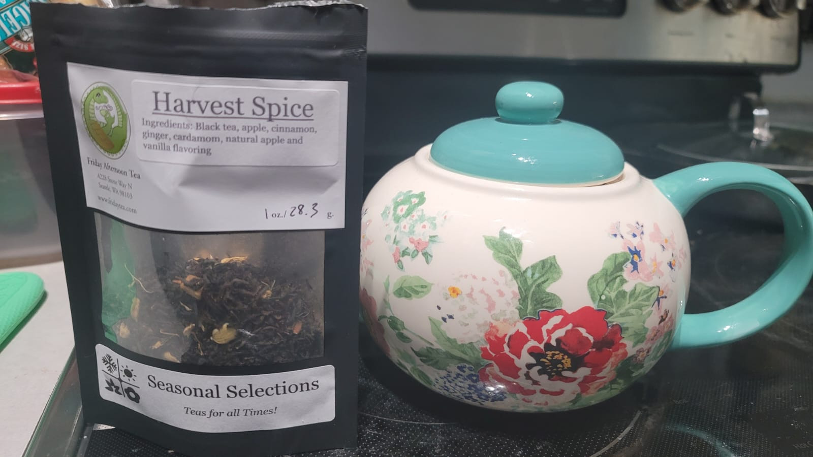 Harvest Spice black tea from Friday Afternoon Tea, featured with my mom's flowery teapot.