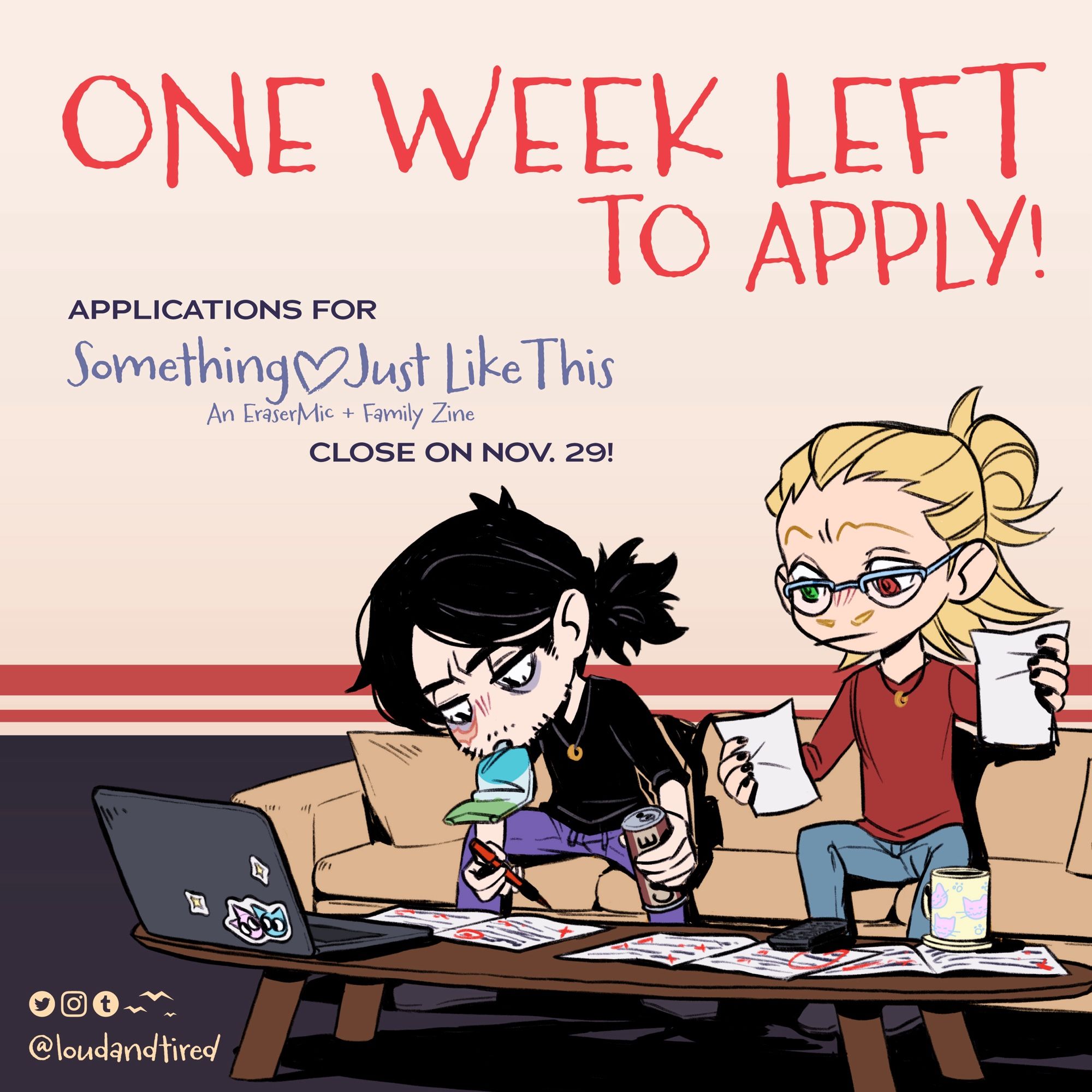 Shouta and Hizashi grading papers on a couch. EraserMic Zine promotion that says One Week Left to Apply, ends November 29