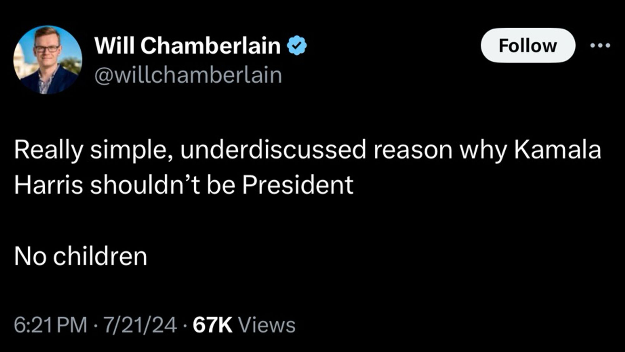 Will Chamberlain @willchamberlain
Follow
•••
Really simple, underdiscussed reason why Kamala Harris shouldn't be President
No children
6:21 PM • 7/21/24 • 67K Views