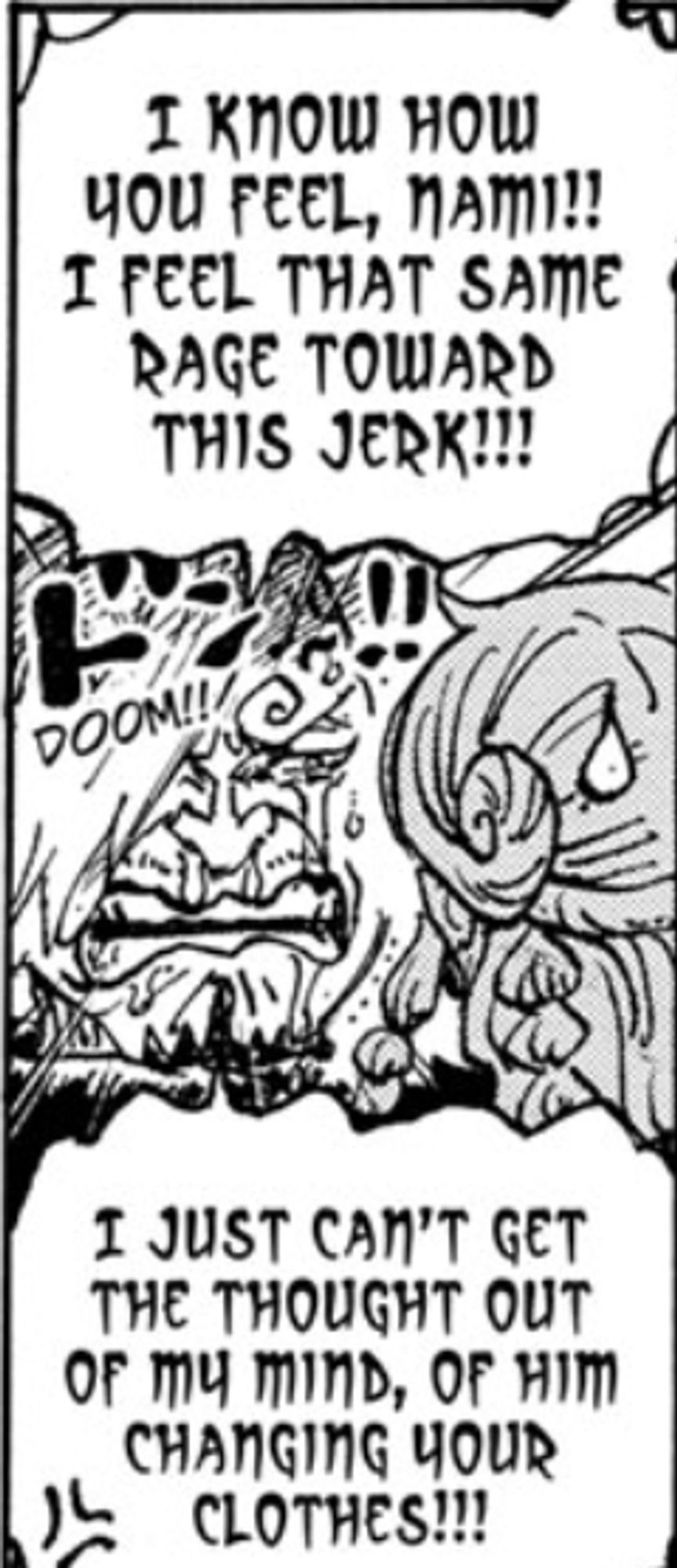 Shitji lamenting that someone else got to assault Nami while she was asleep instead of him. 