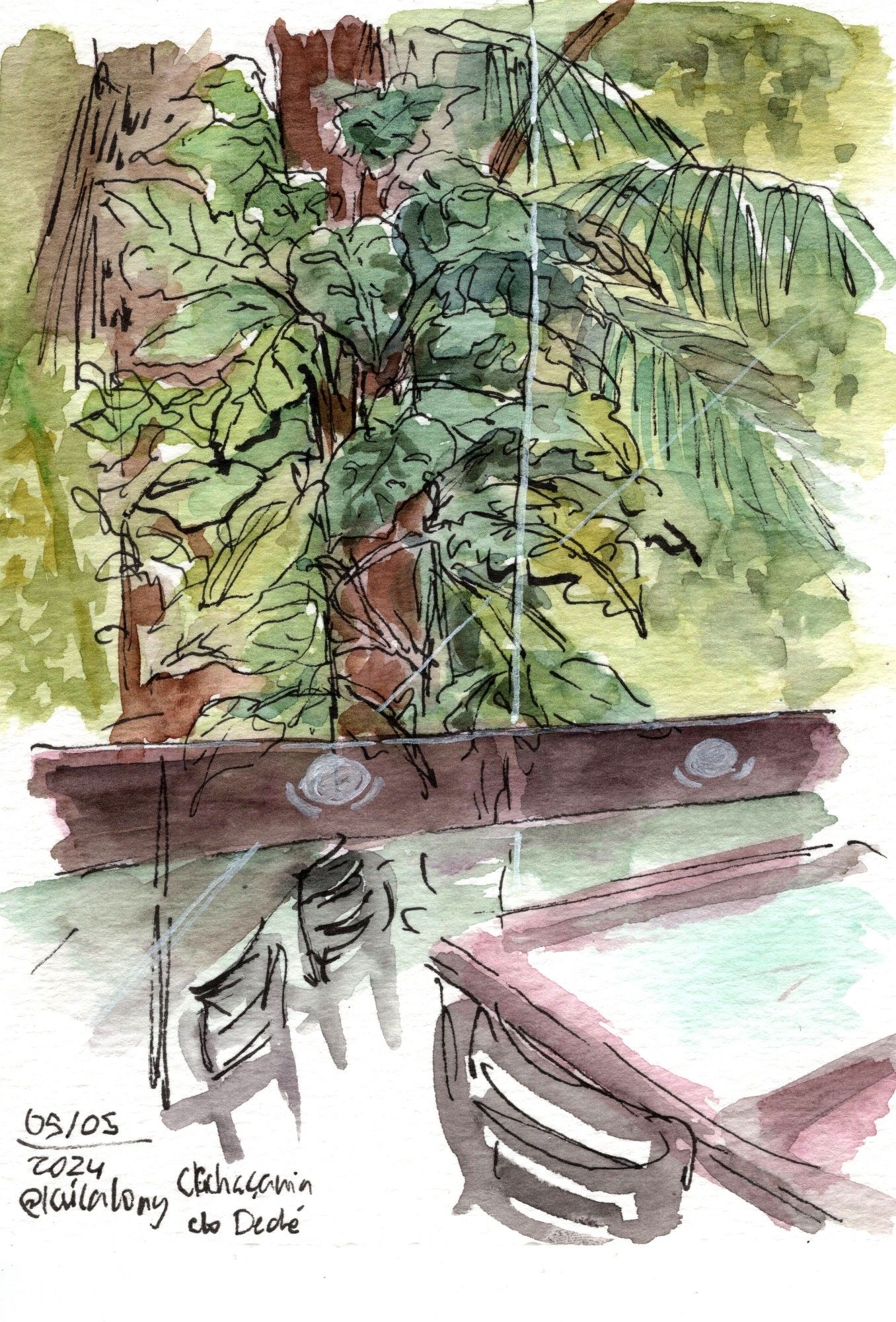 Ilustração em aquarela, dentro um restaurante, separado do lado de fora por um vidro tem plantas e árvores. Dentro algumas mesas com tampo de vidro e cadeiras de madeira