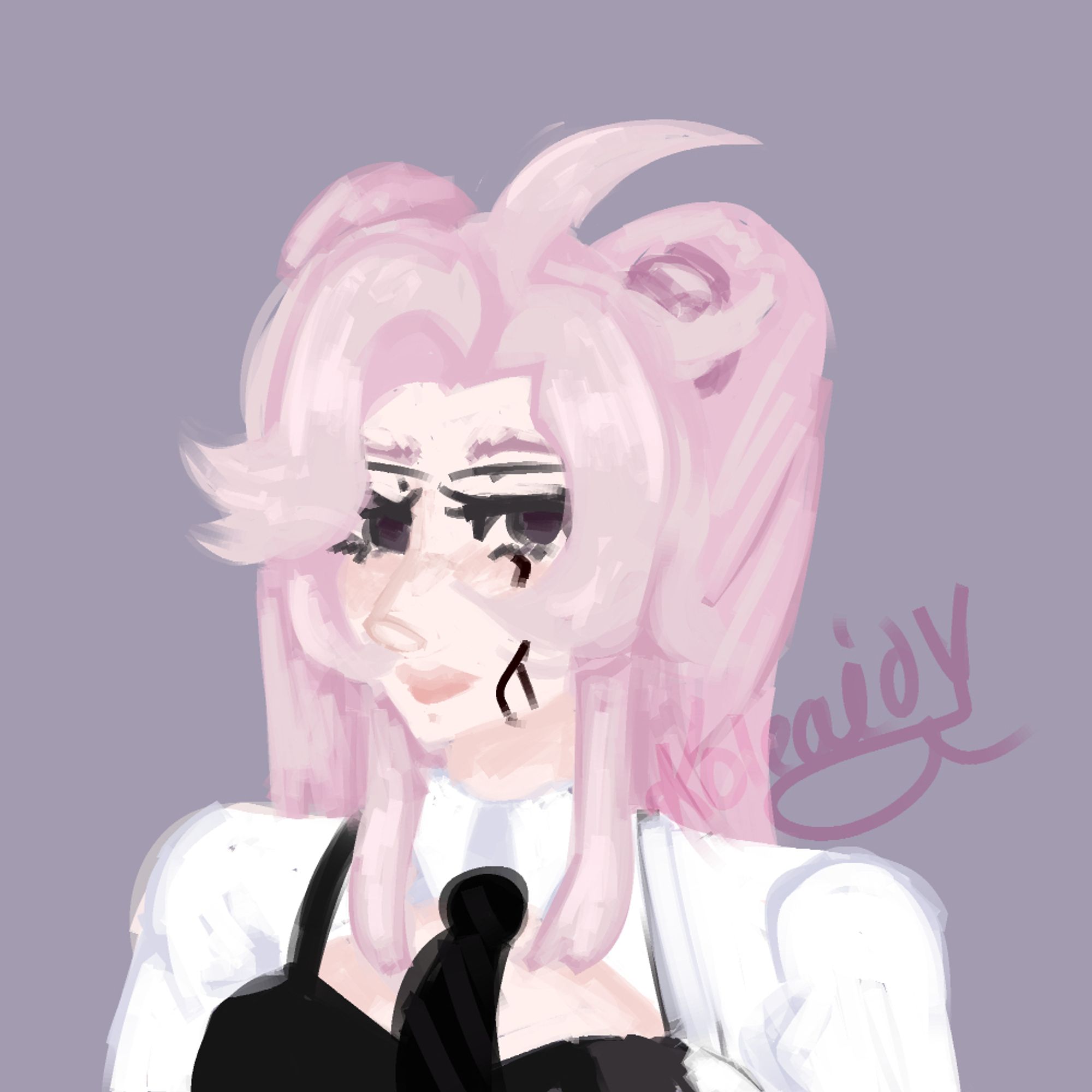 Drawing of a original character. She has two sets of long pale pink twin drill pigtails and hair that swoops to slightly cover her right eye. Her dark purplish eyes are void of any life with a crack running down her cheek from her left eye.