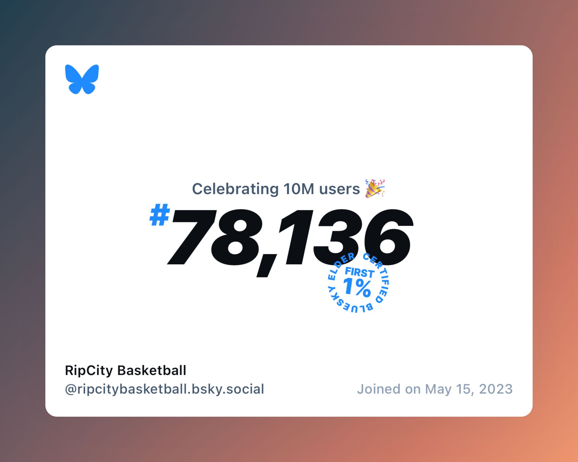 A virtual certificate with text "Celebrating 10M users on Bluesky, #78,136, RipCity Basketball ‪@ripcitybasketball.bsky.social‬, joined on May 15, 2023"