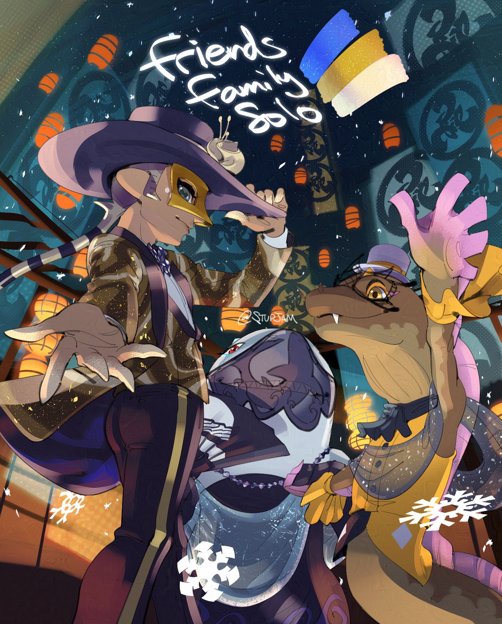 guy in tuxedo and shark in a dress and eel in fancy shirt dress up for venetian ball. It's snowing because it's the night time new year party. parody of splatoon 3 idols, where the species are swapped. (shiver and frye are shark and eel, big man is a real boy)