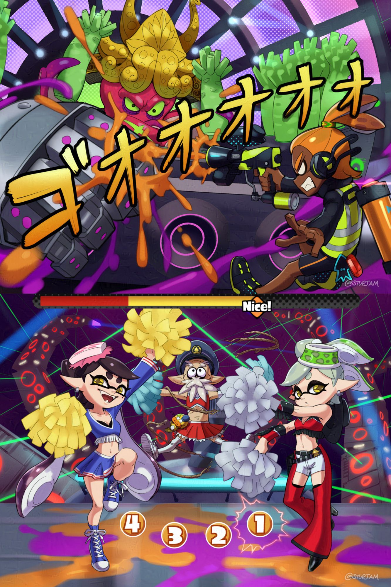 splatoon 1 final boss if if were a stage in Osu! Tatakae! Ouendan. Two screens, top depicts fight with an octopus robot, bottom is cheerleaders Callie Marie and Captain Cuttlefish