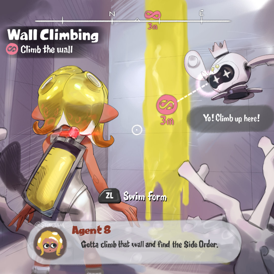 text:
Wall Climbing- Climb the wall

Yo! Climb up here!

Agent 8: Gotta climb that wall and find the Side Order.

ZL- Swim Form