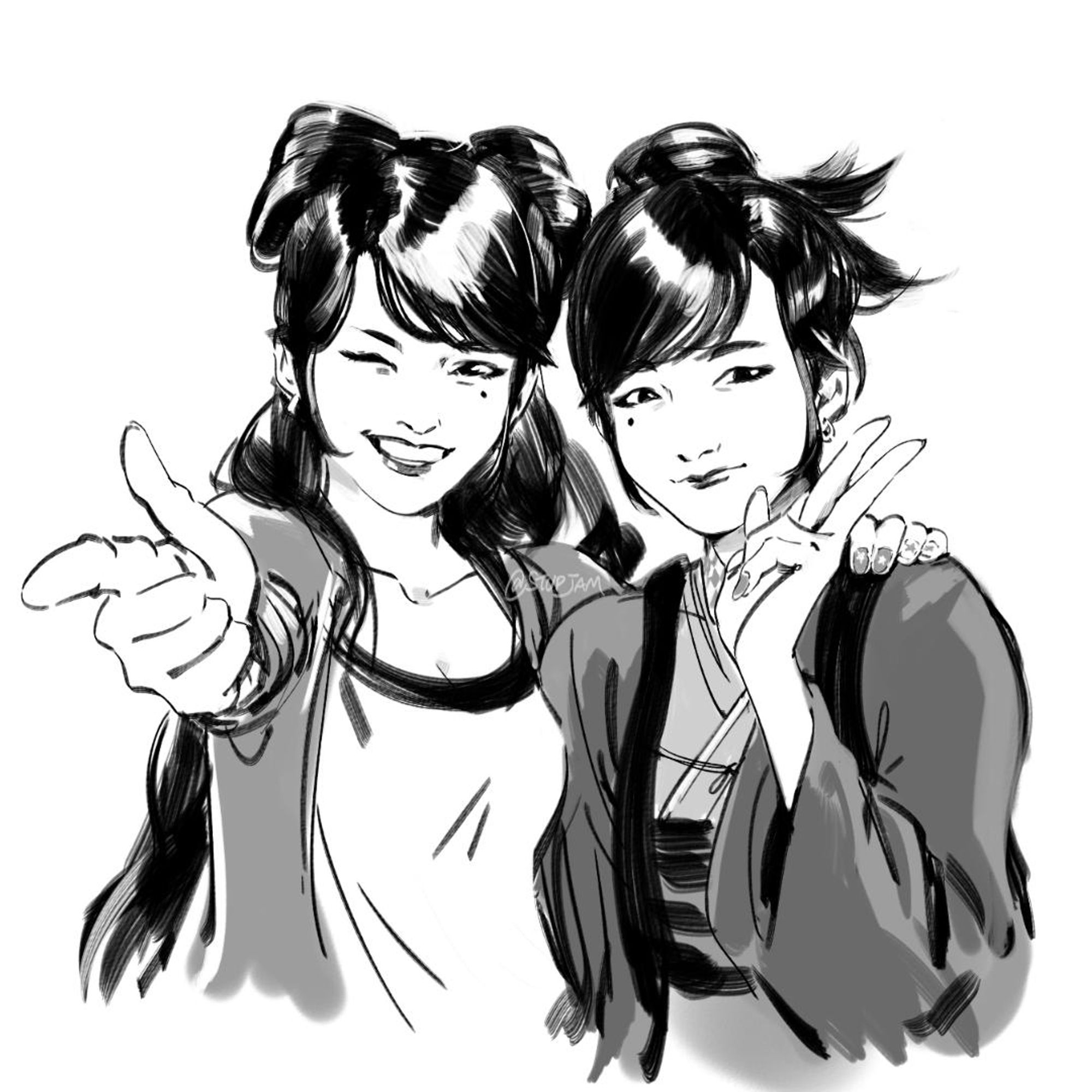 callie and marie as human. callie points at you while marie gives peace sign