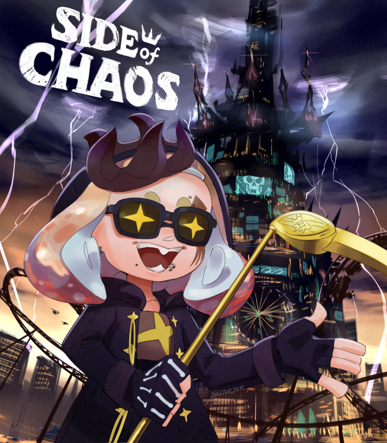 text: Side of Chaos

pic: pearl from splatoon looks like the uncle death from LET IT DIE (parody). she in a grim reaper outfit with sunglasses and gold golf club scythe. in the background is an evil death tower with lightning and carnival of doom