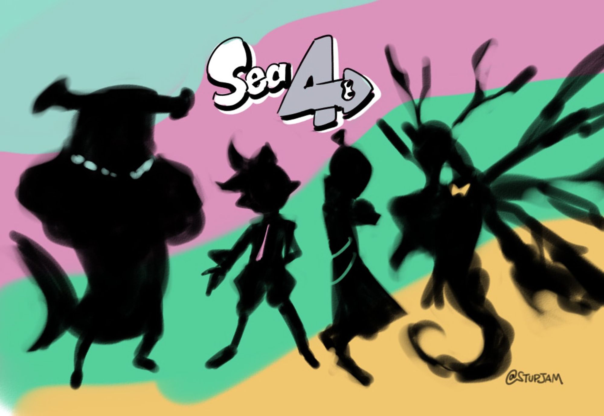 made up splatoon boy band with a hammerhead shark, inkling, octoling, and sea dragon. they are all black silhouettes and logo saying "Sea 4"