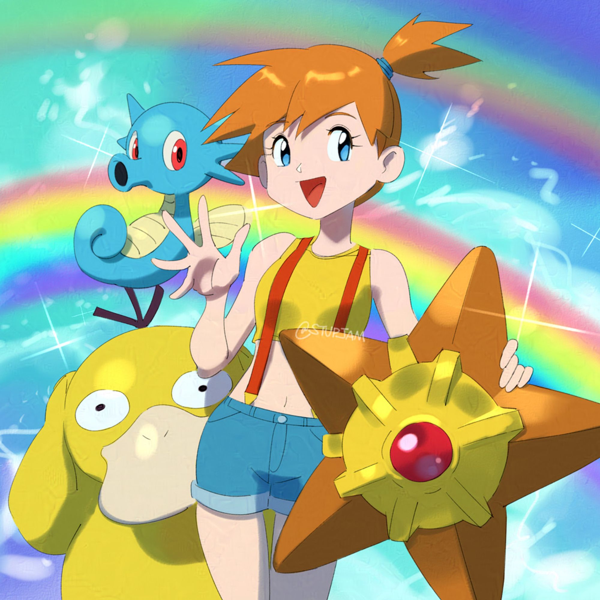 positive energy person accompanied by a duck, seahorse and starfish. double rainbow and mist in the background