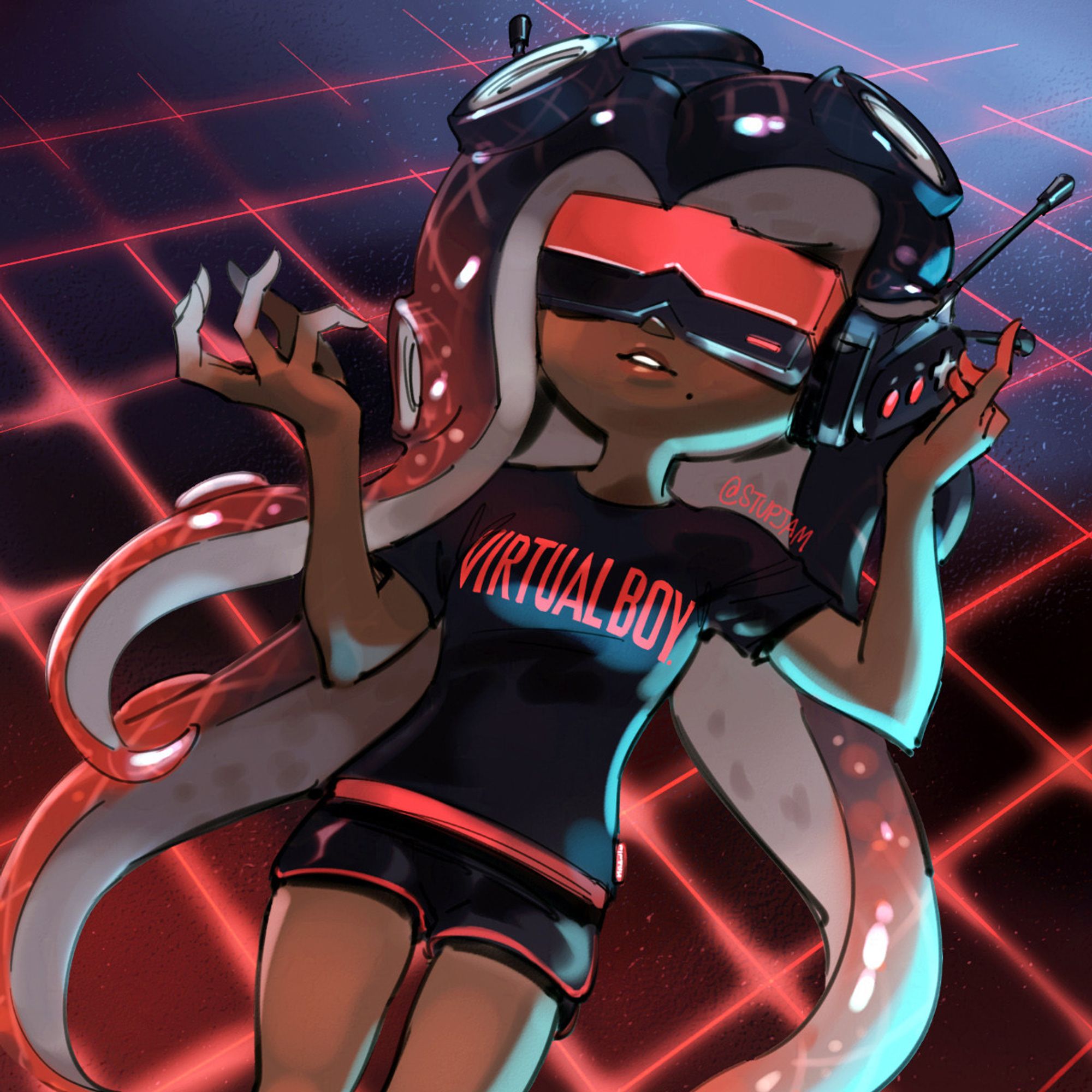 marina wearing the VR goggles from splatoon in a 90s laser grid scene looking like a Virtual Boy ad, that t shirt is from the nintendo museum (i want to go one day)