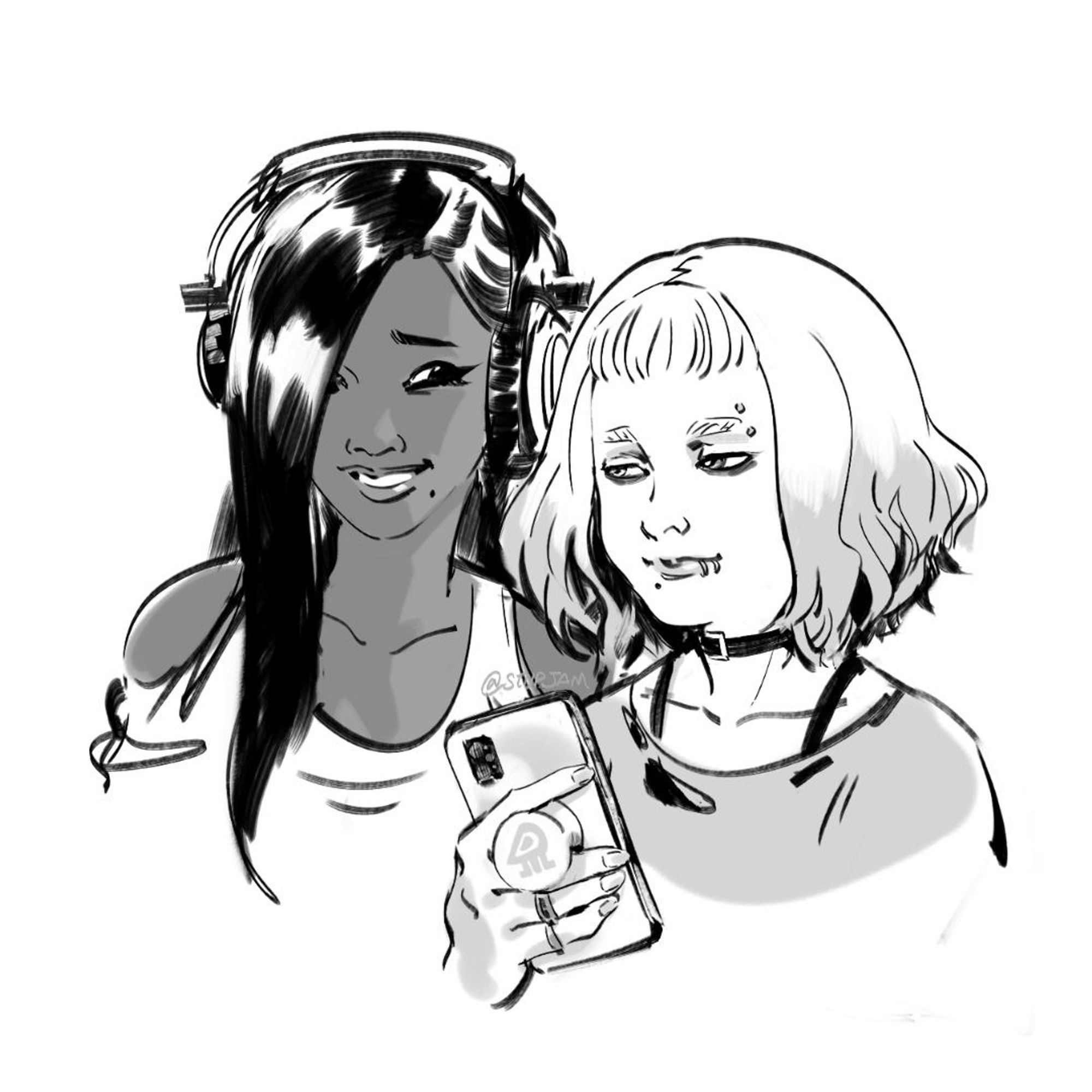 marina and pearl as human. they checking out something amusing on phone