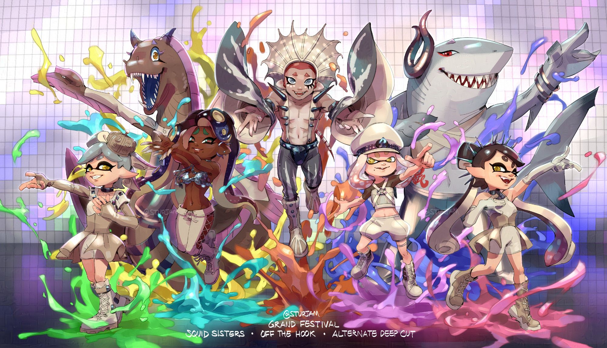 text: Grand Festival. Squid Sisters, Off the Hook, Alternate Deep Cut.

image: concert stage with many idols from splatoon 3. Paint splatter effects and jumbotron behind. Characters left to right: Marie, Eel Frye, Marina, Man Big Man, Pearl, Shark Shiver, Callie. They kind of jumping out of the ground from a puddle of paint (ink) while gesturing radially outward.