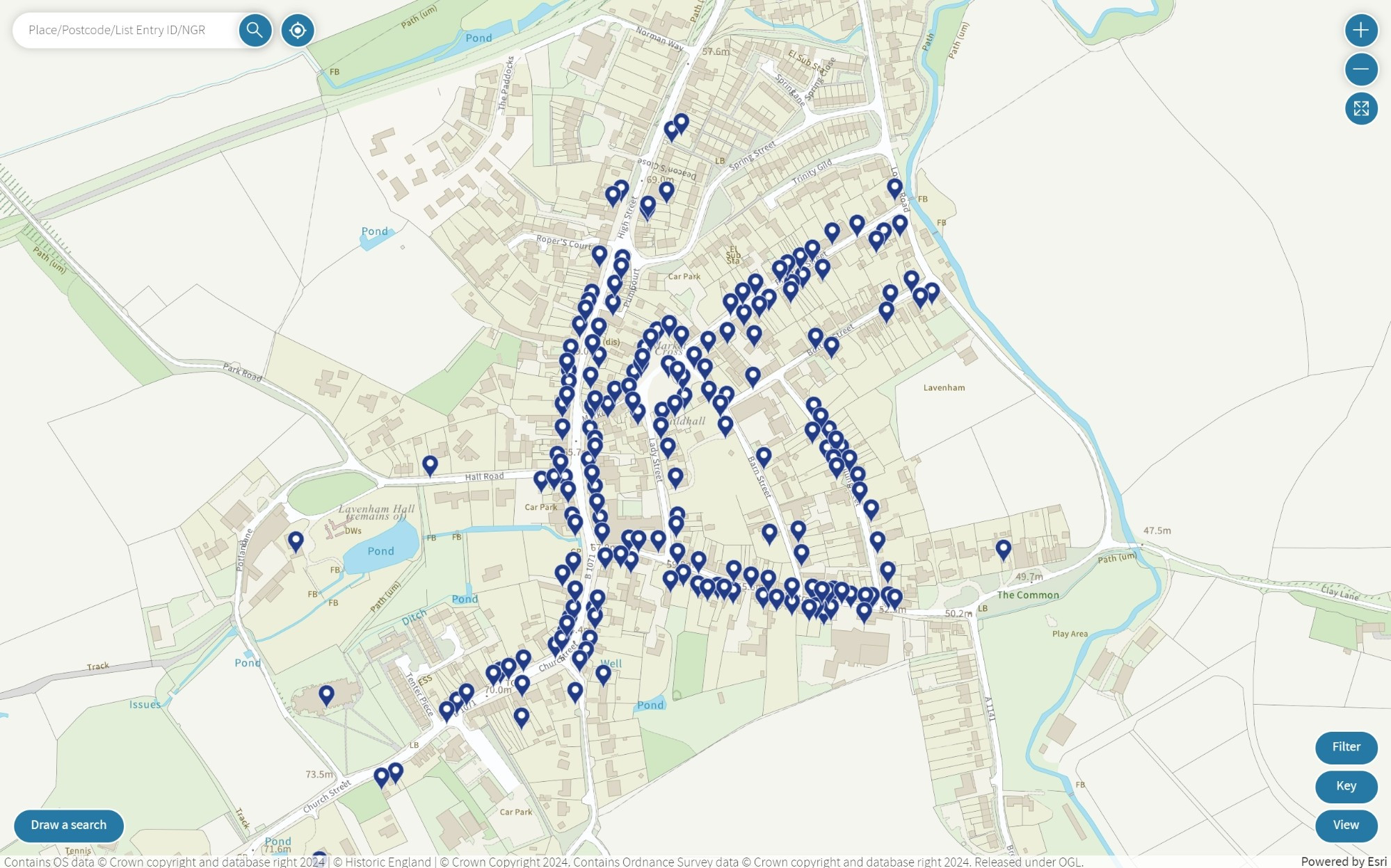 A map, showing the village of Lavenham, with markers on the listed building in the village.