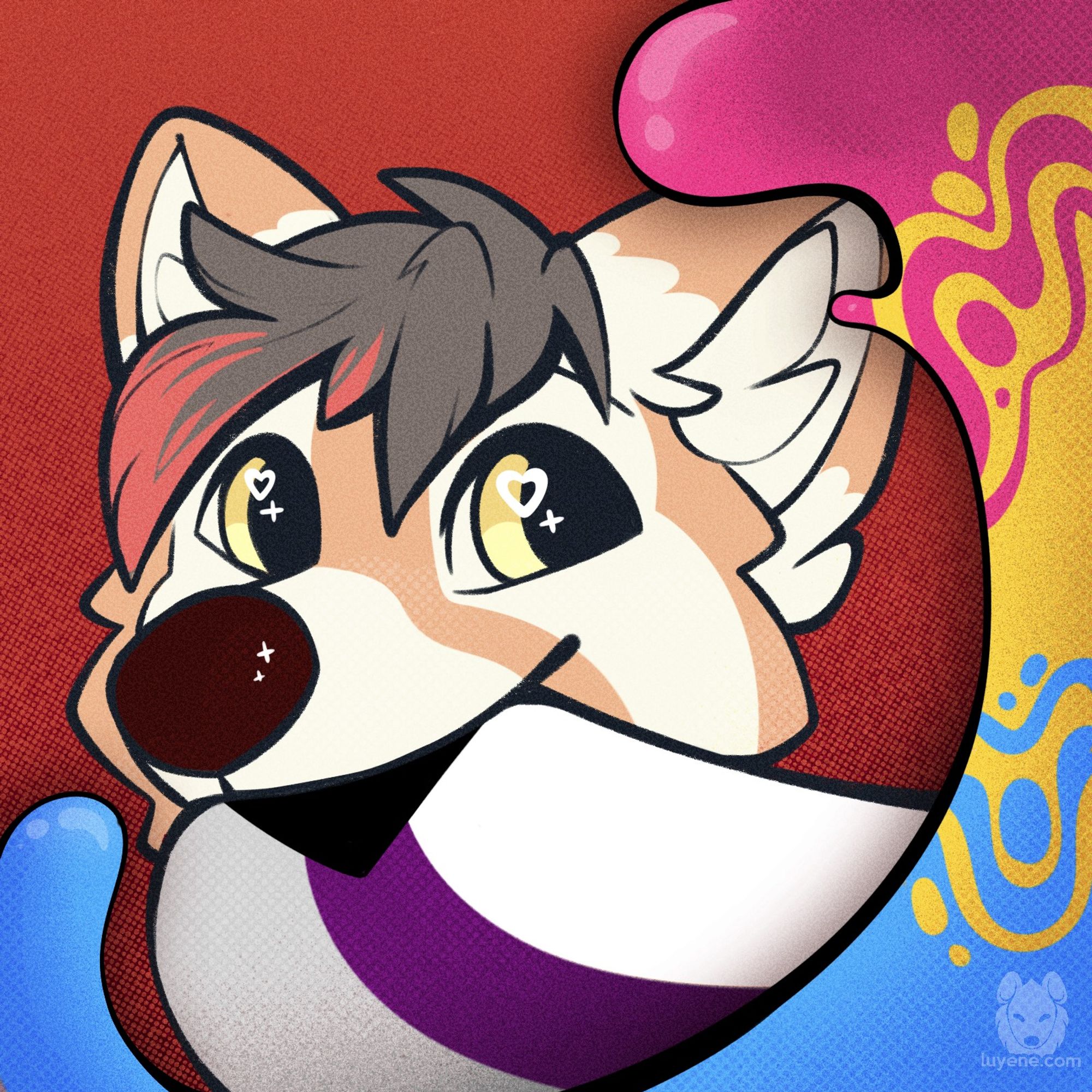 An icon of Kono the red panda with a demisexual flag in his mouth, with a paint splatter resembling the pansexual flag behind him.