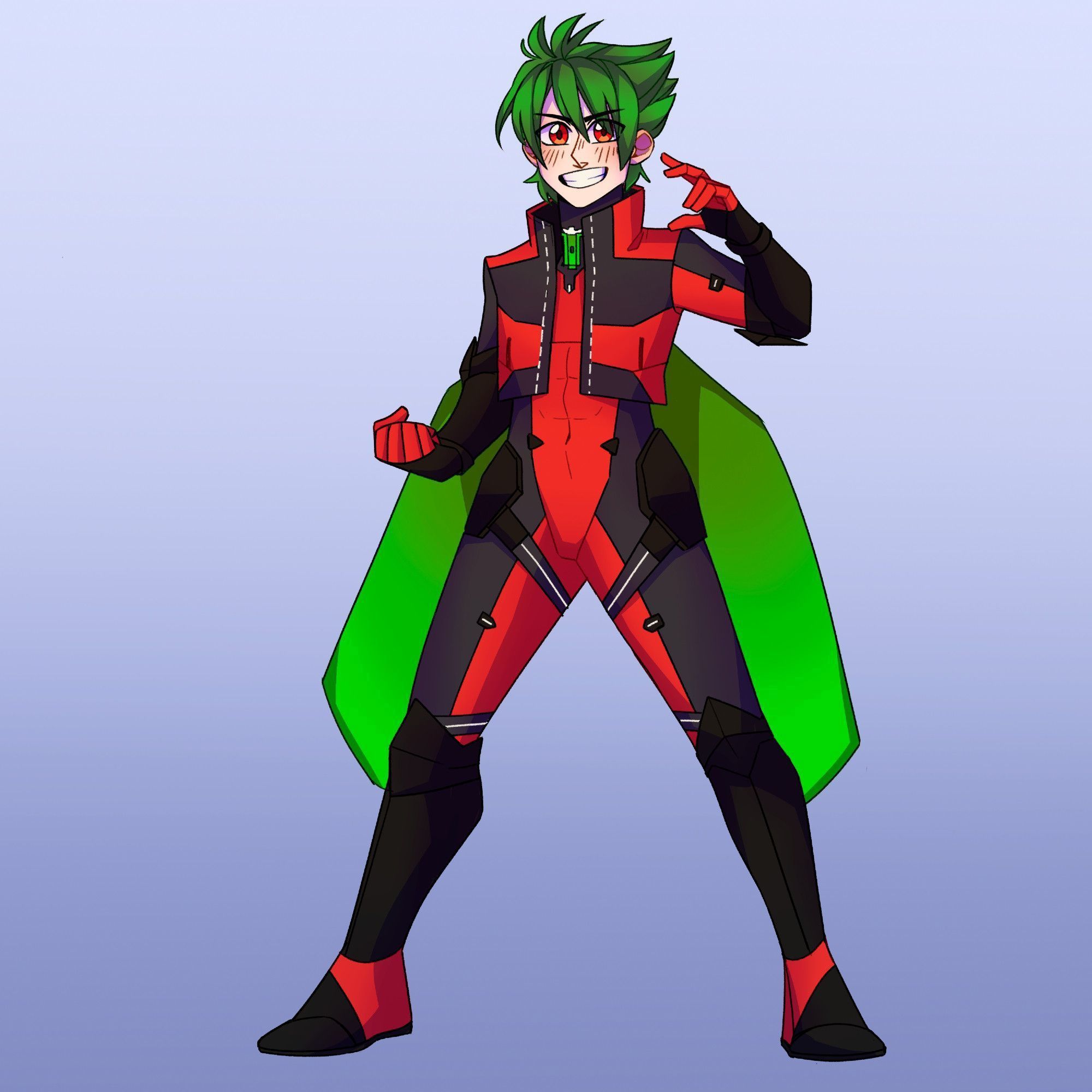 Captain Stargazer, dressed in a red and black hero suit with green scarf-lime trails in the back. No helmet, fair skin, green hair, and red eyes.