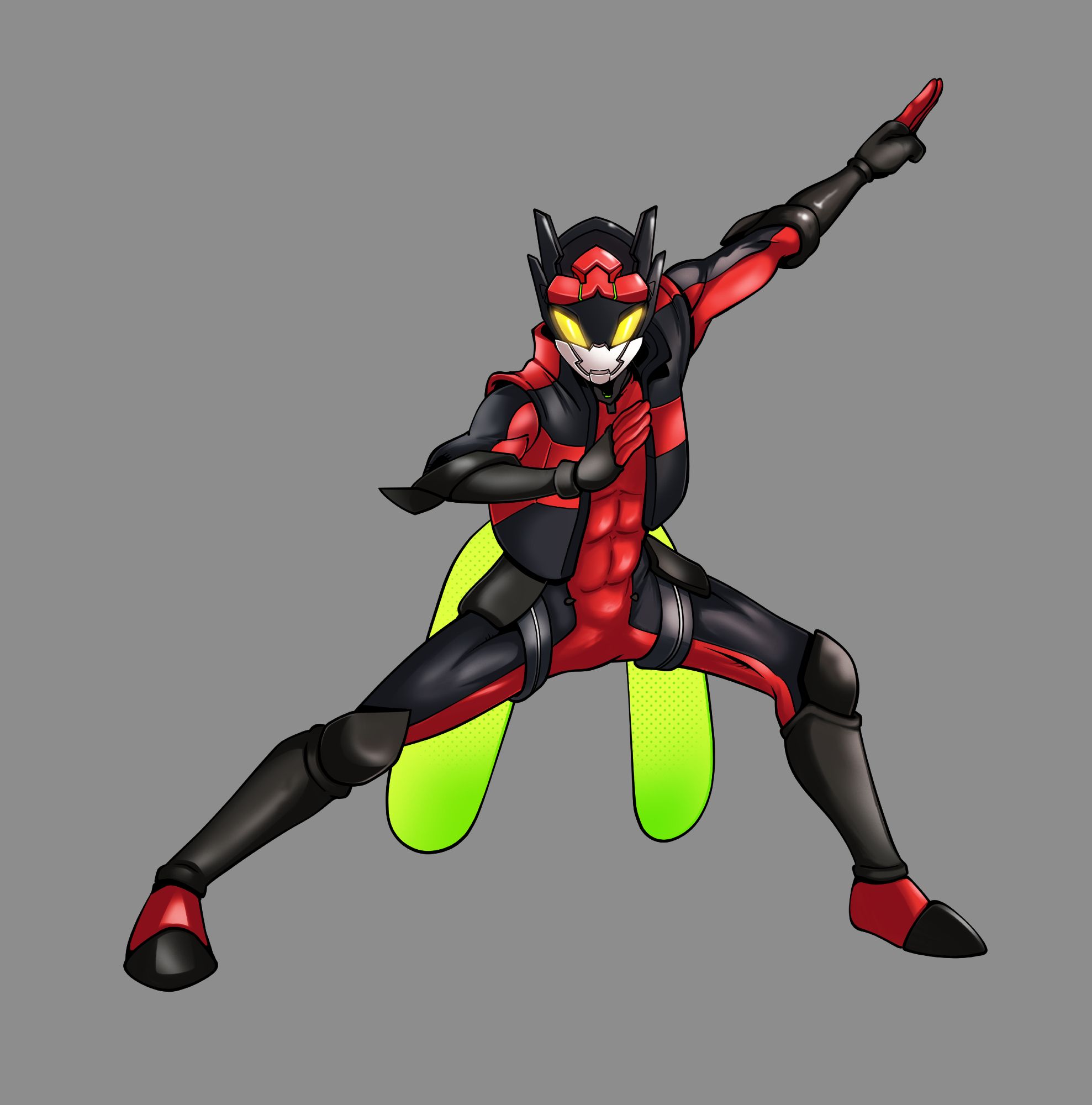 Captain Stargazer, dressed in a red and black hero suit, a helmet with a white faceguard and glowing yellow eyes, and green scarf-like trails, striking a pose