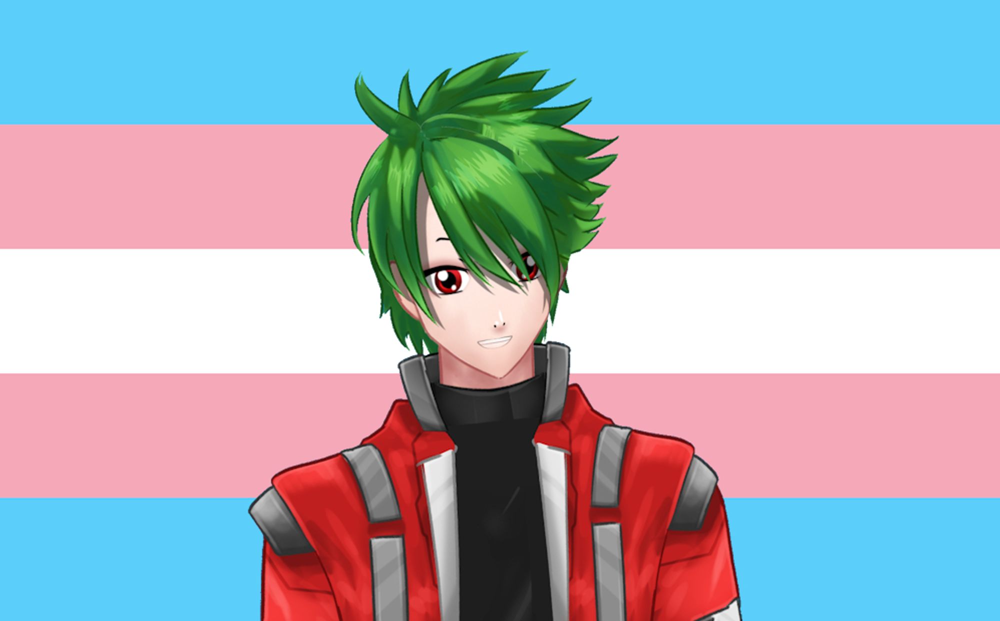 KG smiling in front of a trans flag, in support of trans rights