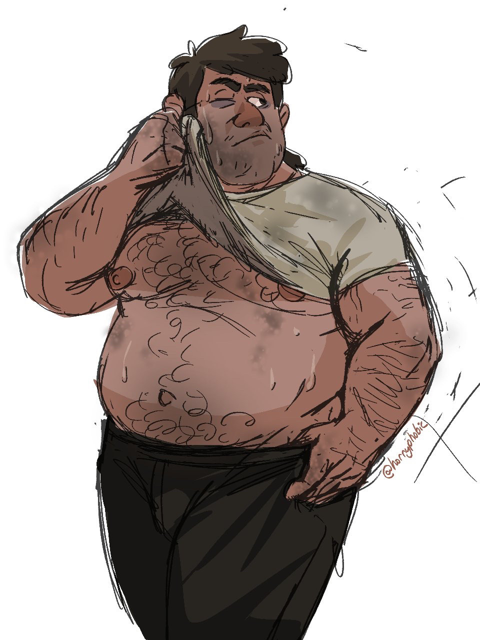 sketch of a sweaty mullet stan lifting up his dirty t shirt to wipe the sweat and dirt off his face, revealing his very hairy chest and belly