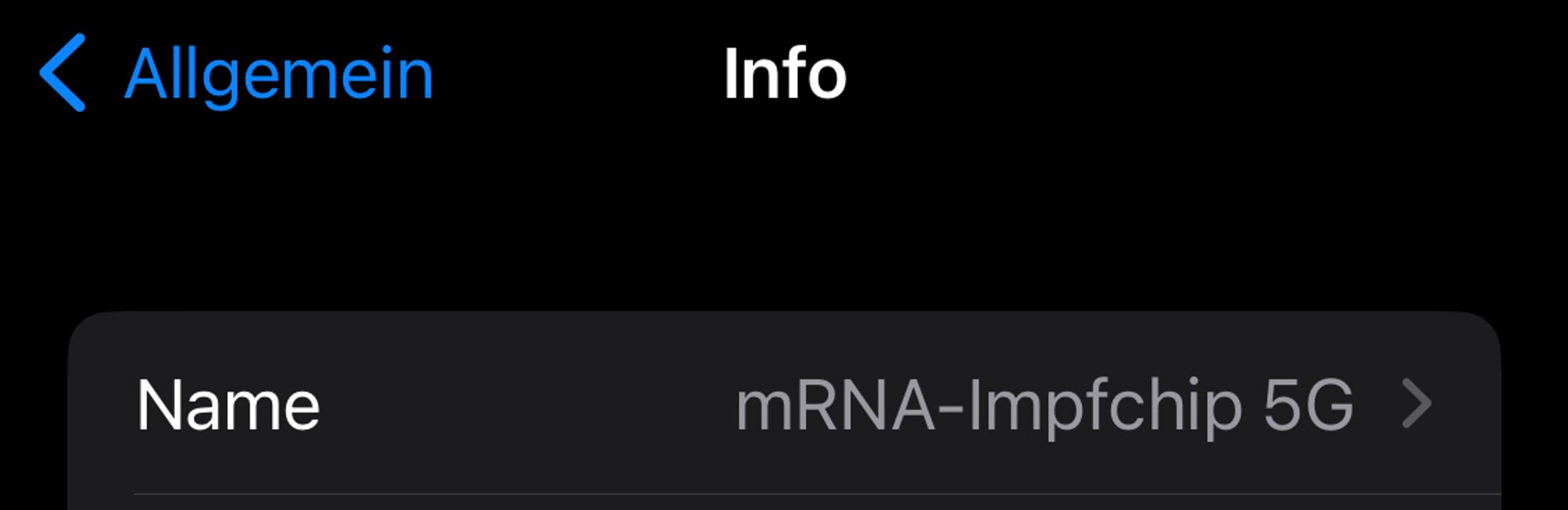 Screenshot einer Einstellung, die zeigt dass mein iPhone von mir „mRNA-Impfchip 5G“ getauft wurde.