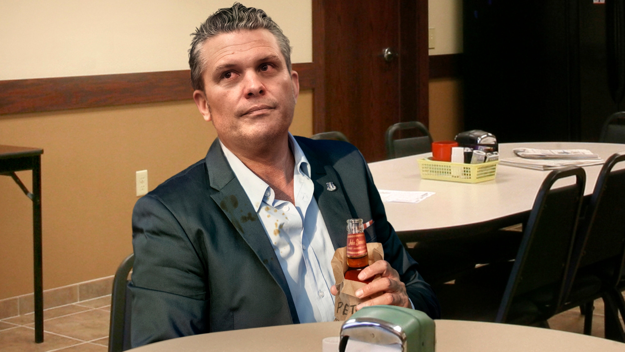 Pete Hegseth looking rough with an open bottle of alcohol in a brown bag