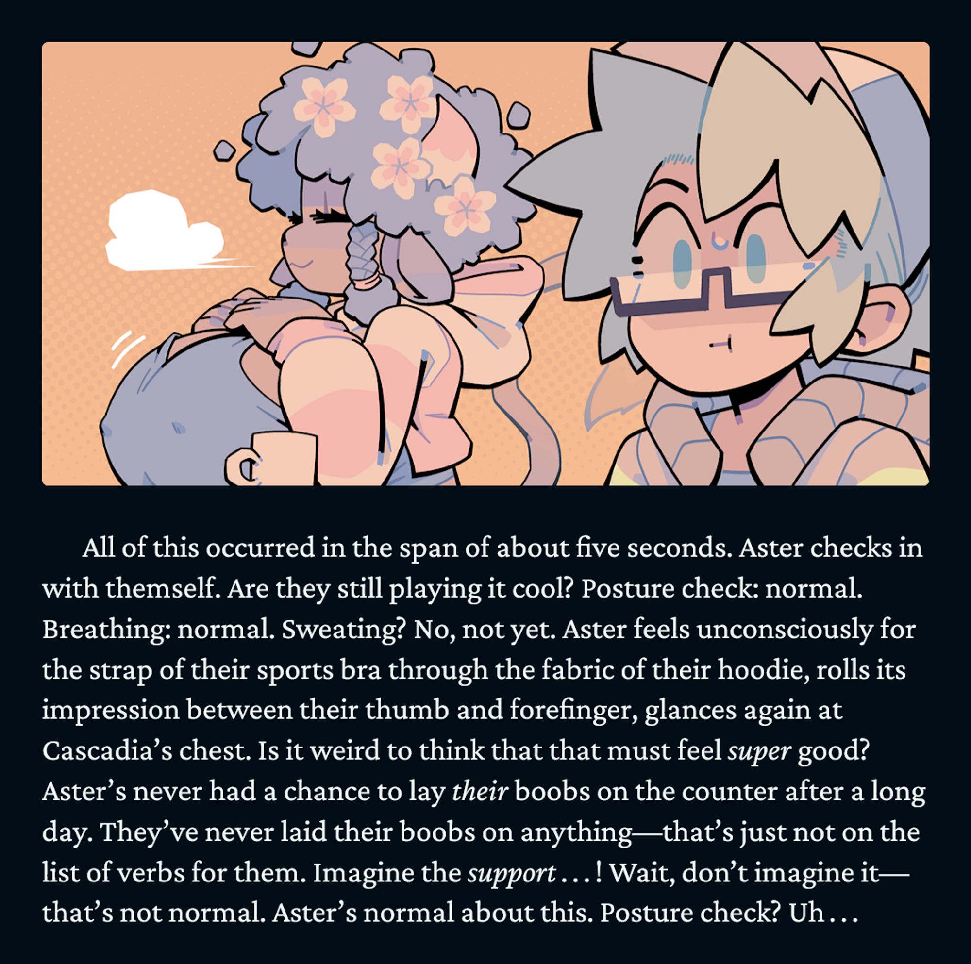 A passage of text (with accompanying illustration) from CURSE/KISS/CUTE. The text consists of a lengthy paragraph of inner monologue in which a funny little human tries not to freak out about the cute cowgirl sitting next to them at the bar. The typography is, frankly, flawless.