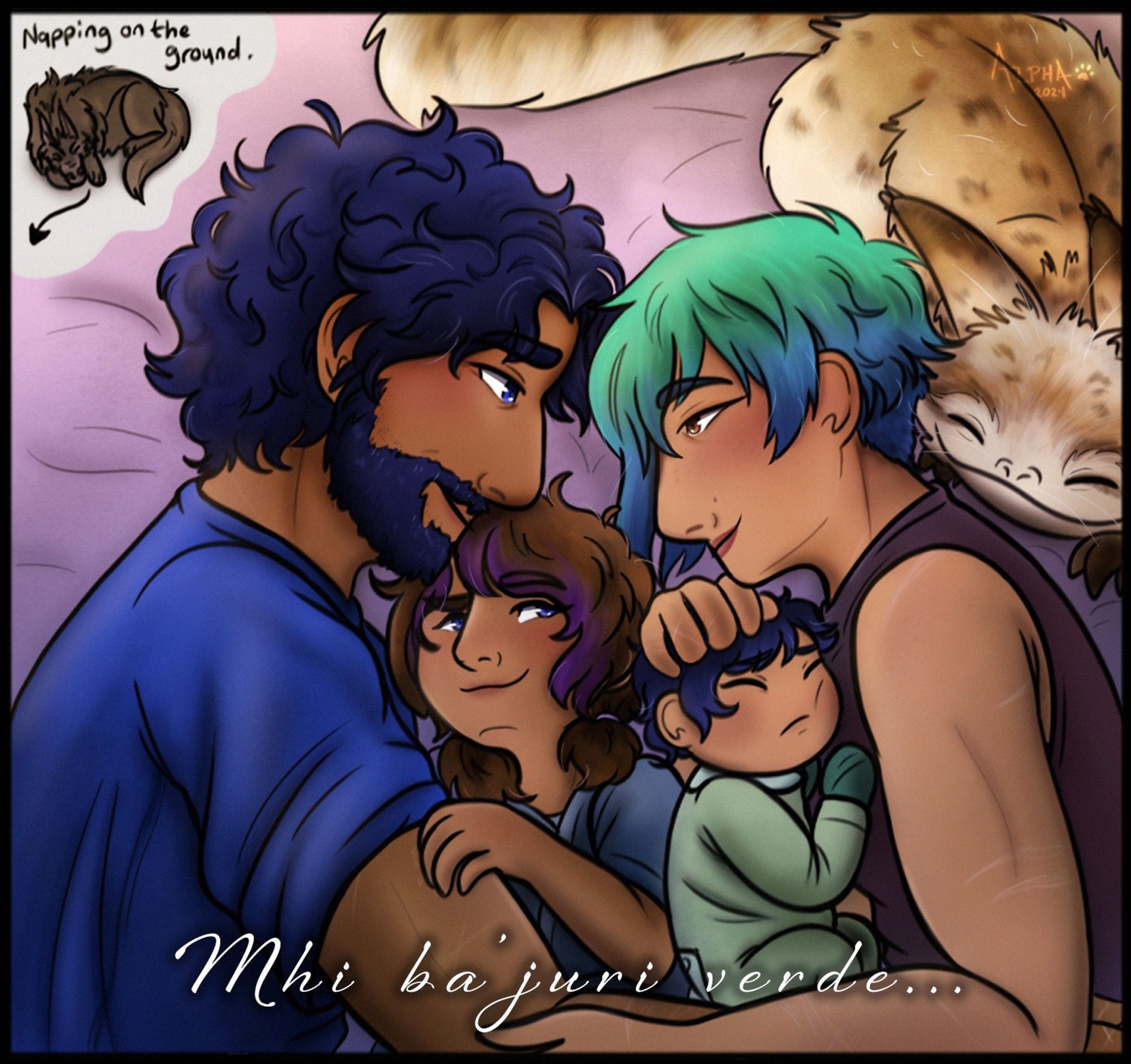 A second art draw is of Sabine and Ezra laying together with loving looks towards one another with their kids lying between them. A soft, curly brown haired girl with her bangs dyed purple and bright blue eyes like Ezra, looking mischievously at both her mom and dad, and a few months old baby boy with raven haired sleeping against Sabine’s chest.

Murley is also shown, curled up above Sabine on the right, while a small chibi draw of Sabine’s howler is shown on the left, indicating that they are sleeping on the ground. 

The text, "Mhi ba'juri verde..." is written below, the final Mandalorian Vow that translates to "We will raise warriors."