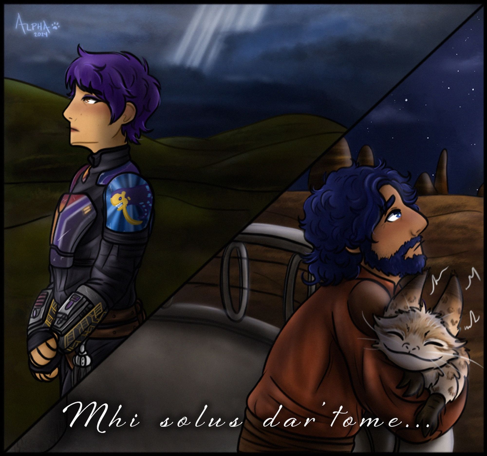 An art draw of Sabine and Ezra facing the opposite direction of each other and facing up towards the sky.

Sabine, on Perida, looks up at the night sky with a forlorn expression, clearly worried about Ezra and if he made it back to the known galaxy. A similar stance to the ending of Ahsoka episode 8.

Meanwhile, Ezra is standing atop his old comm tower on Lothal, looking up at the night sky with a similar forlorn expression, clearly missing Sabine. Murley is curled up in his arms with a content grin.

The text, "Mhi solus dar'tome..." is written below, the second Mandalorian Vow that translates to "We are one when apart."