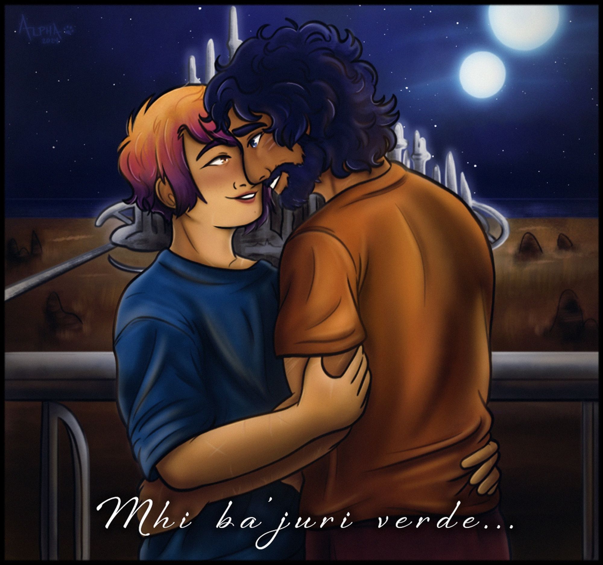 An art draw of Sabine and Ezra atop their comm tower, holding each other and sharing a keldabe kiss with wide, happy smiles. Ezra's right hand can be faintly seen on Sabine's belly, indicating that she is expecting their child.

The background is that of Lothal during the night, with Capital City shining in the distance and the twin moons of Lothal shining bright in the sky.

The text, "Mhi ba'juri verde..." is written below, the final Mandalorian Vow that translates to "We will raise warriors."