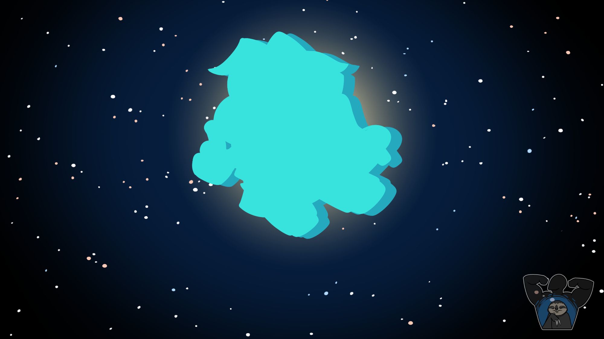 A picture of a cyan colored silhouette over a background of stars. There is a little bit of bright shine radiating out around the silhouette. In the bottom right corner is the Innersloth logo.