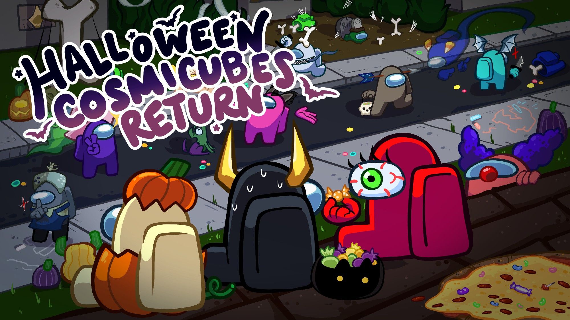 A Halloween scene of a neighborhood with Crewmates wearing costumes such as imp horns, bat wings, a giant eyeball, and even clown hair. In the top left corner of the image are the words: Halloween Cosmicubes Return in a cute spooky font.